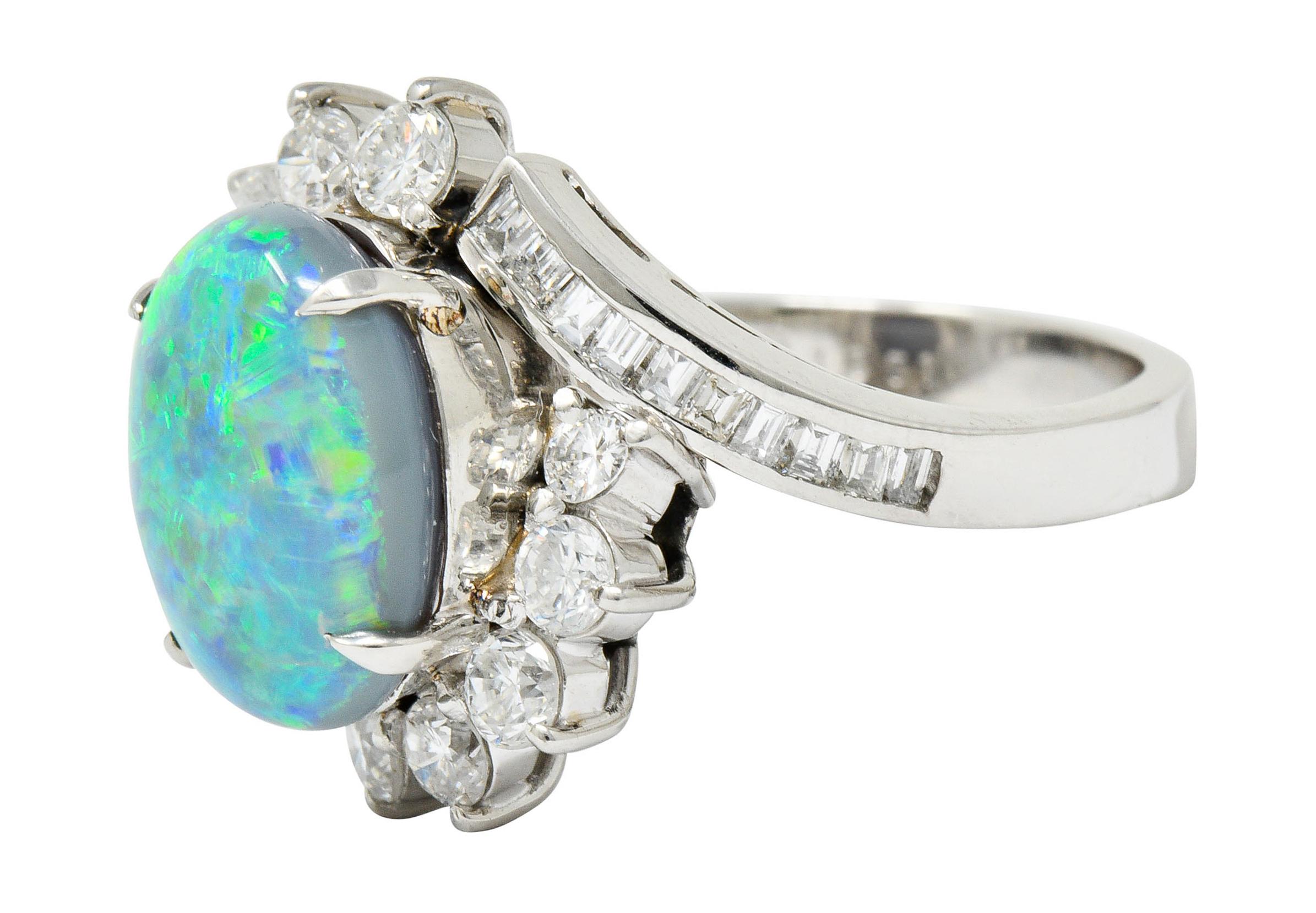 Vibrant Opal Diamond Platinum Cluster Bypass Ring In Excellent Condition In Philadelphia, PA