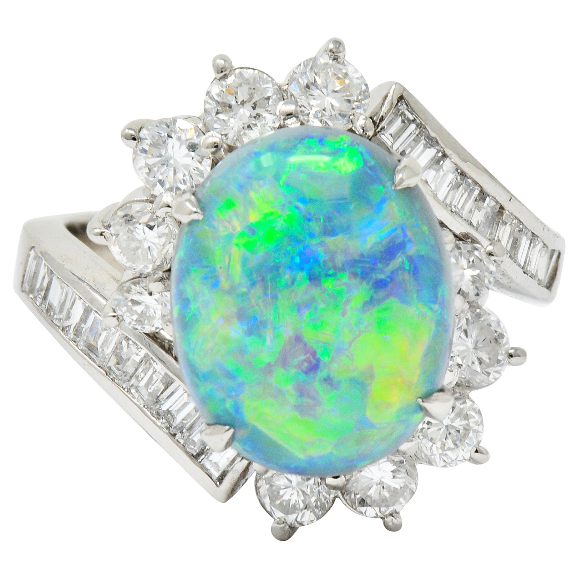 Vibrant Opal Diamond Platinum Cluster Bypass Ring