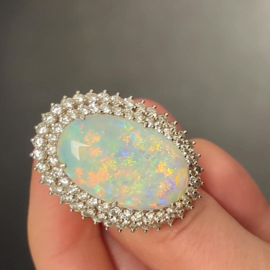 Oval Cut Vibrant Opal Diamond Platinum Dome Cocktail Ring For Sale