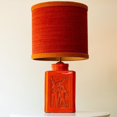 Lámpara de mesa de cerámica naranja vibrante, pantalla de R. Houben, 1970