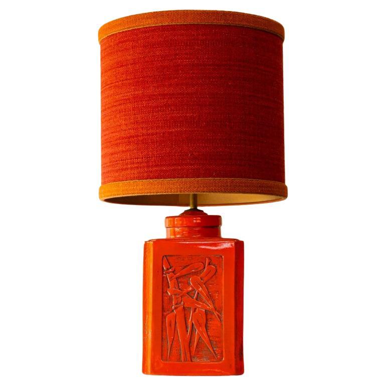 Vibrant Orange Ceramic Table Lamp, Lampshade by R. Houben, 1970