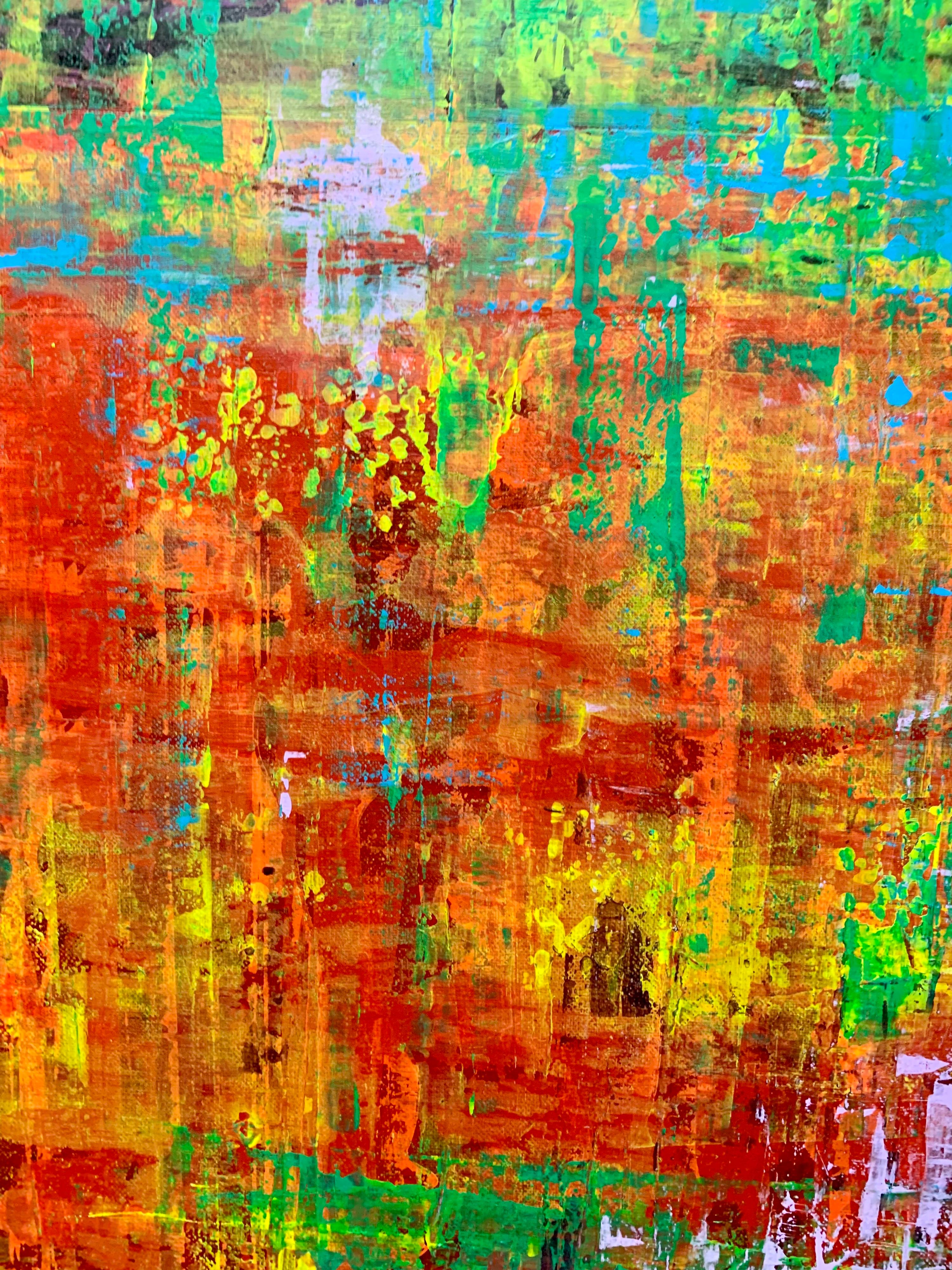 Large original signed abstract painting by American contemporary artist Arlene Carr. Features layers and layers of broad bright sweeps of color created with non brush techniques. Signed lower right AQC (Arlene Quintans Carr). Displayed in a giltwood