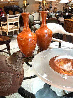 Vibrant Pair of 1960's Iridescent Orange-Glazed Bottle-Form Lamps