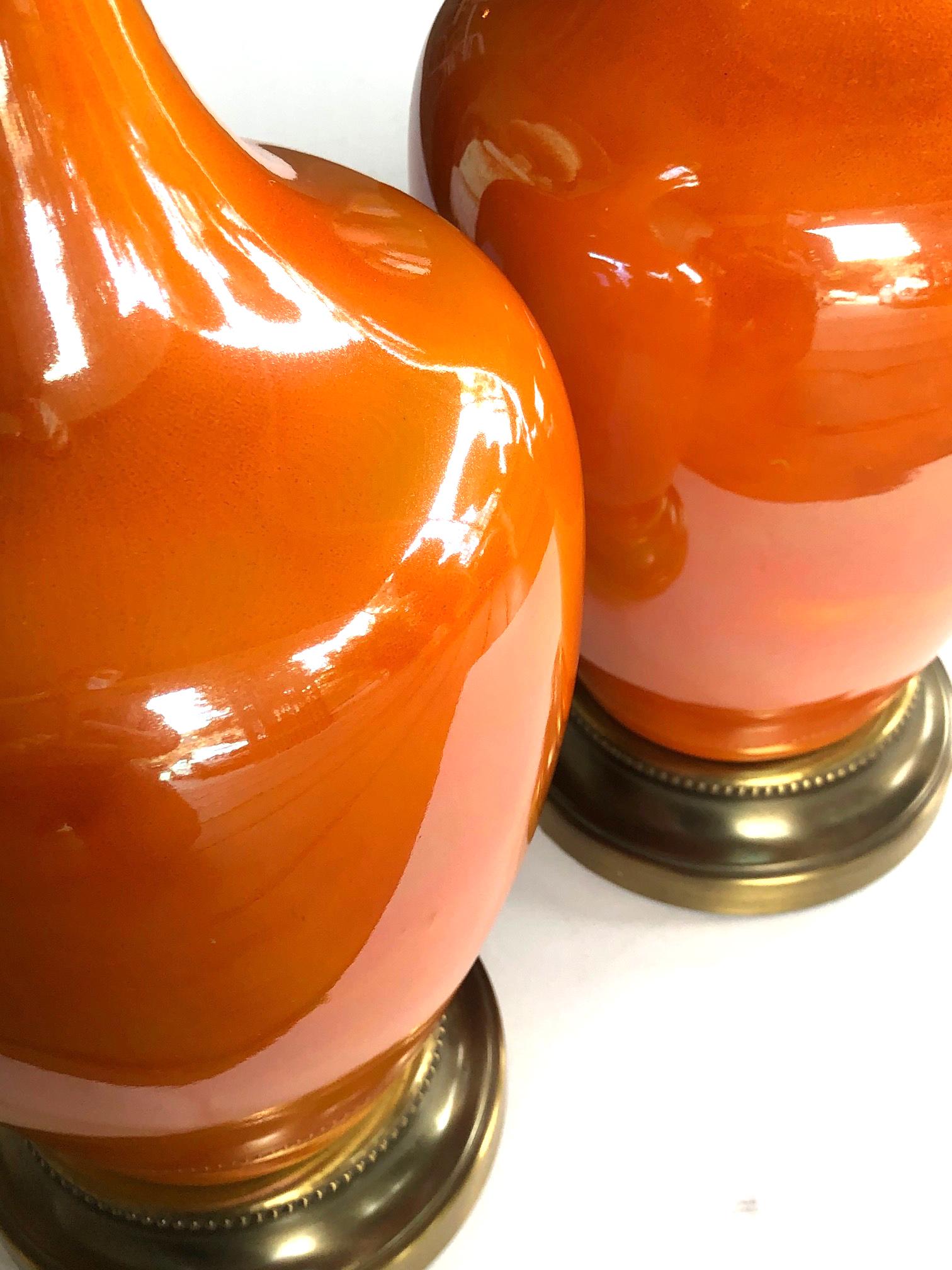 Modern Vibrant Pair of 1960's Iridescent Orange-Glazed Bottle-Form Lamps