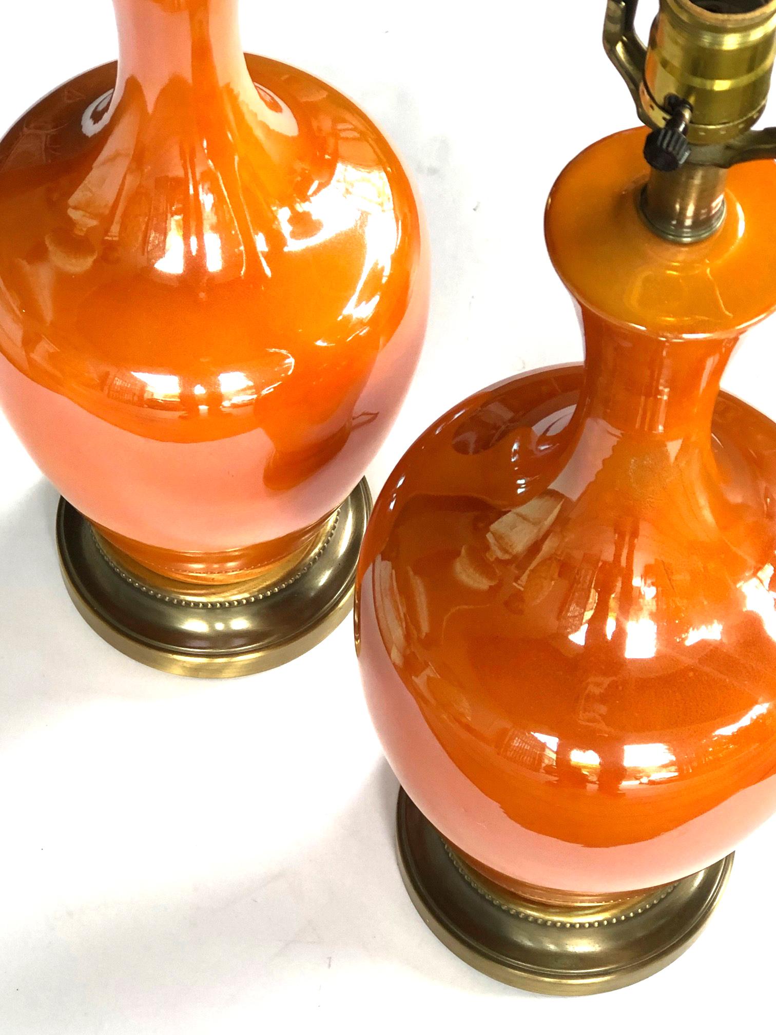 Vibrant Pair of 1960's Iridescent Orange-Glazed Bottle-Form Lamps In Good Condition In San Francisco, CA