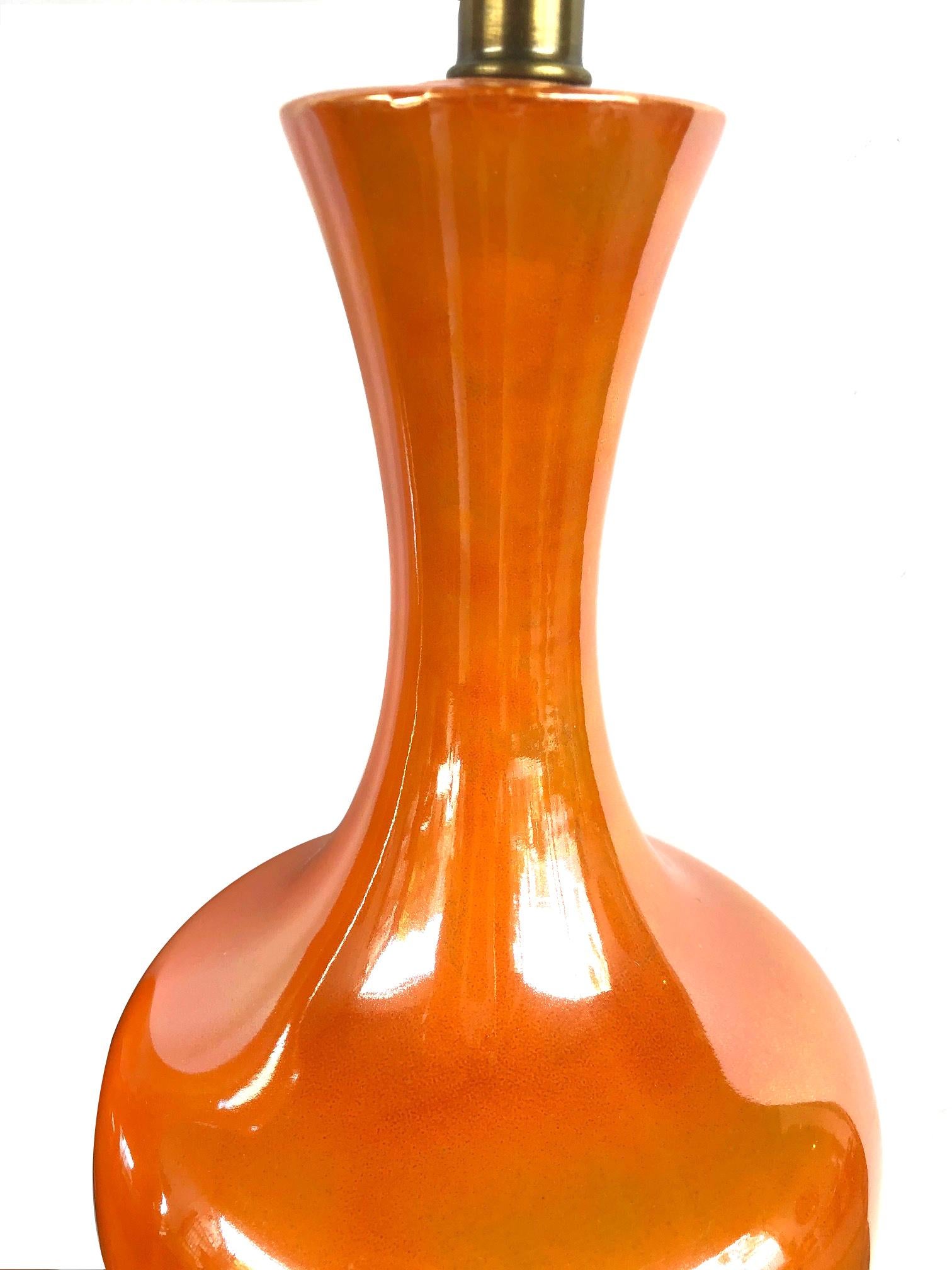 Mid-20th Century Vibrant Pair of 1960's Iridescent Orange-Glazed Bottle-Form Lamps