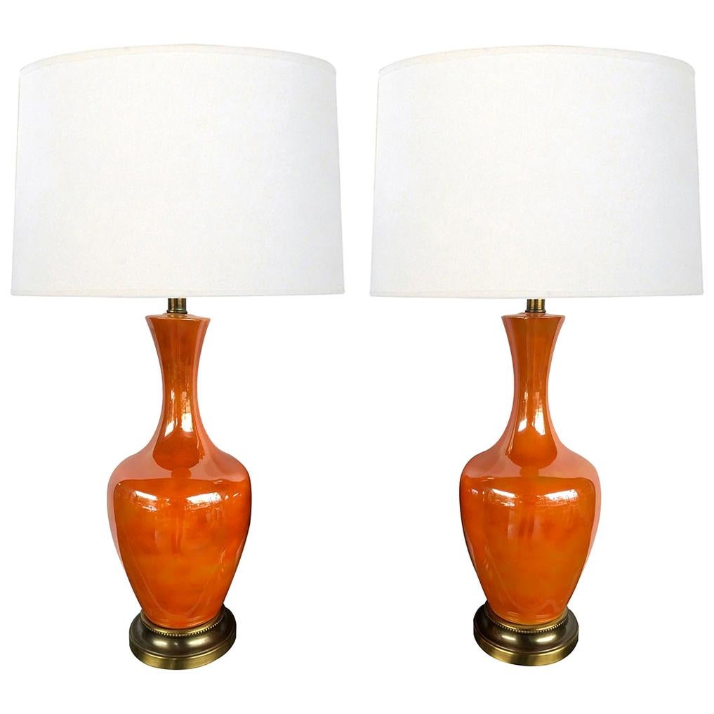 Vibrant Pair of 1960's Iridescent Orange-Glazed Bottle-Form Lamps