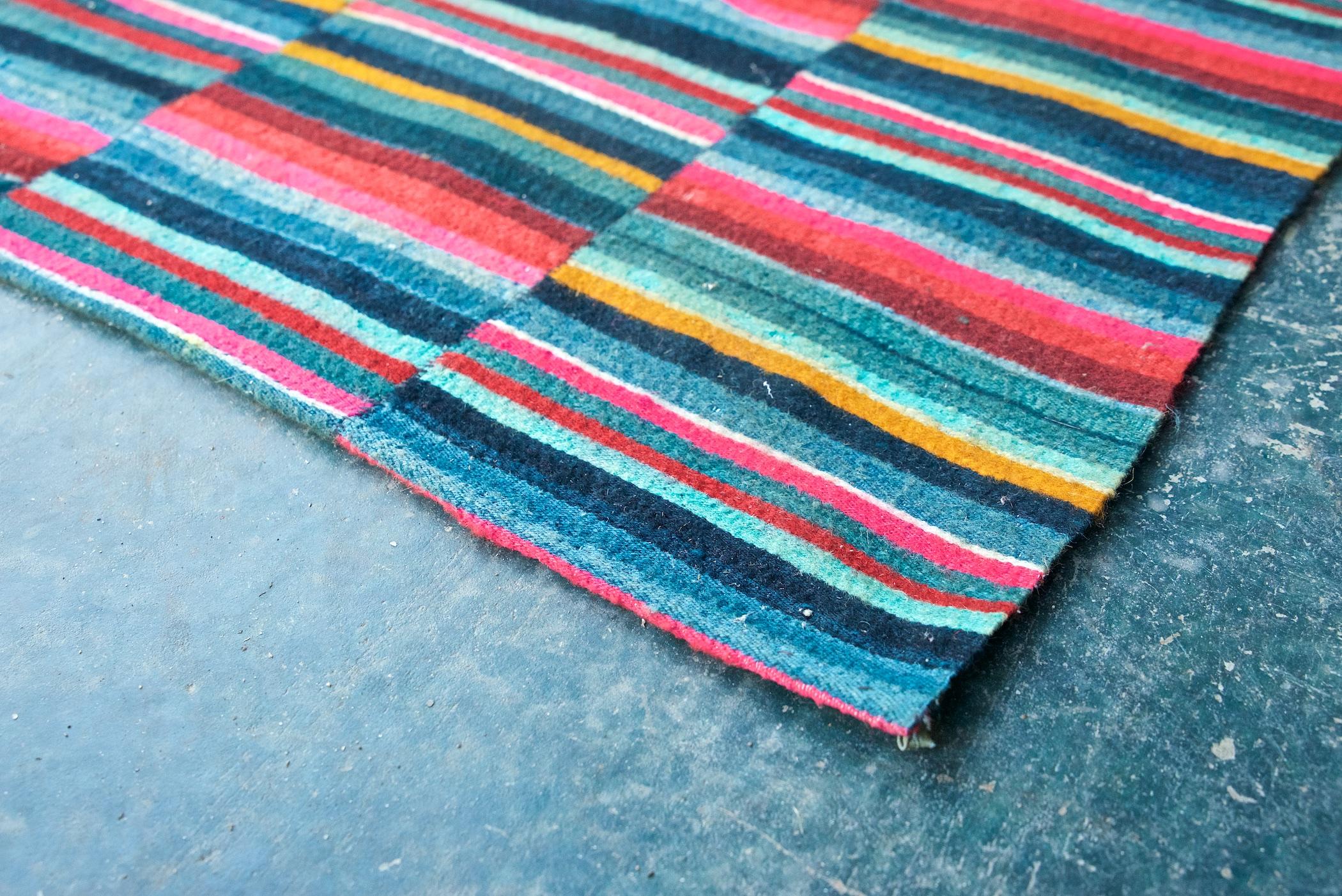 Vibrant Patchwork Kilim Wall Hanging Stripe Geometric Pattern Eastern Flat Weave In Distressed Condition For Sale In Hyattsville, MD