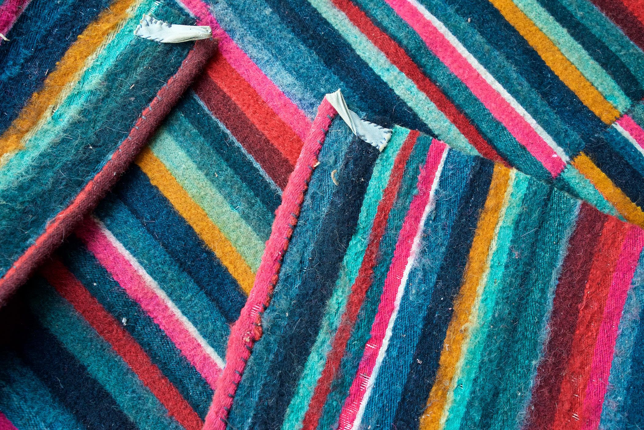 Wool Vibrant Patchwork Kilim Wall Hanging Stripe Geometric Pattern Eastern Flat Weave For Sale