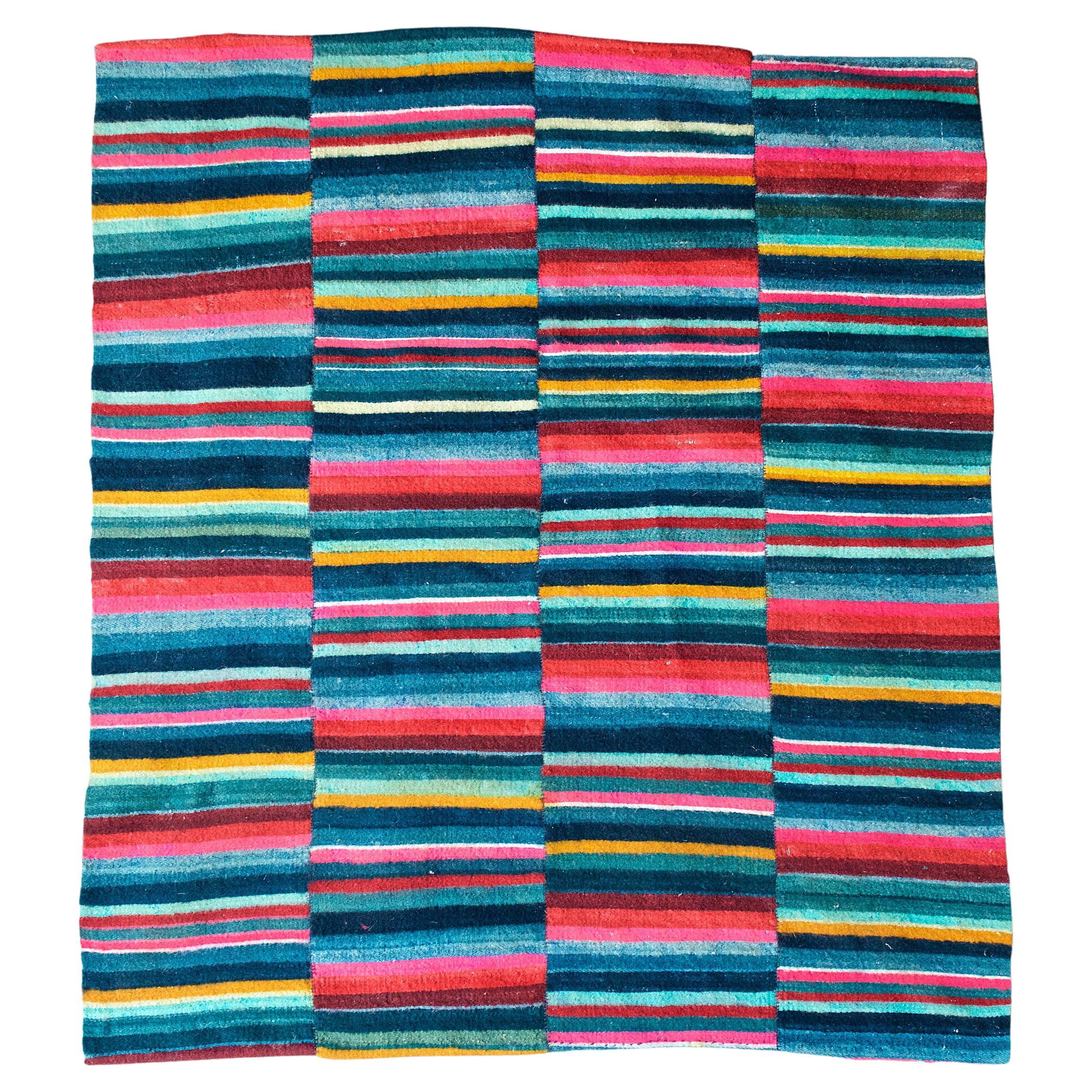 Vibrant Patchwork Kilim Wall Hanging Stripe Geometric Pattern Eastern Flat Weave For Sale