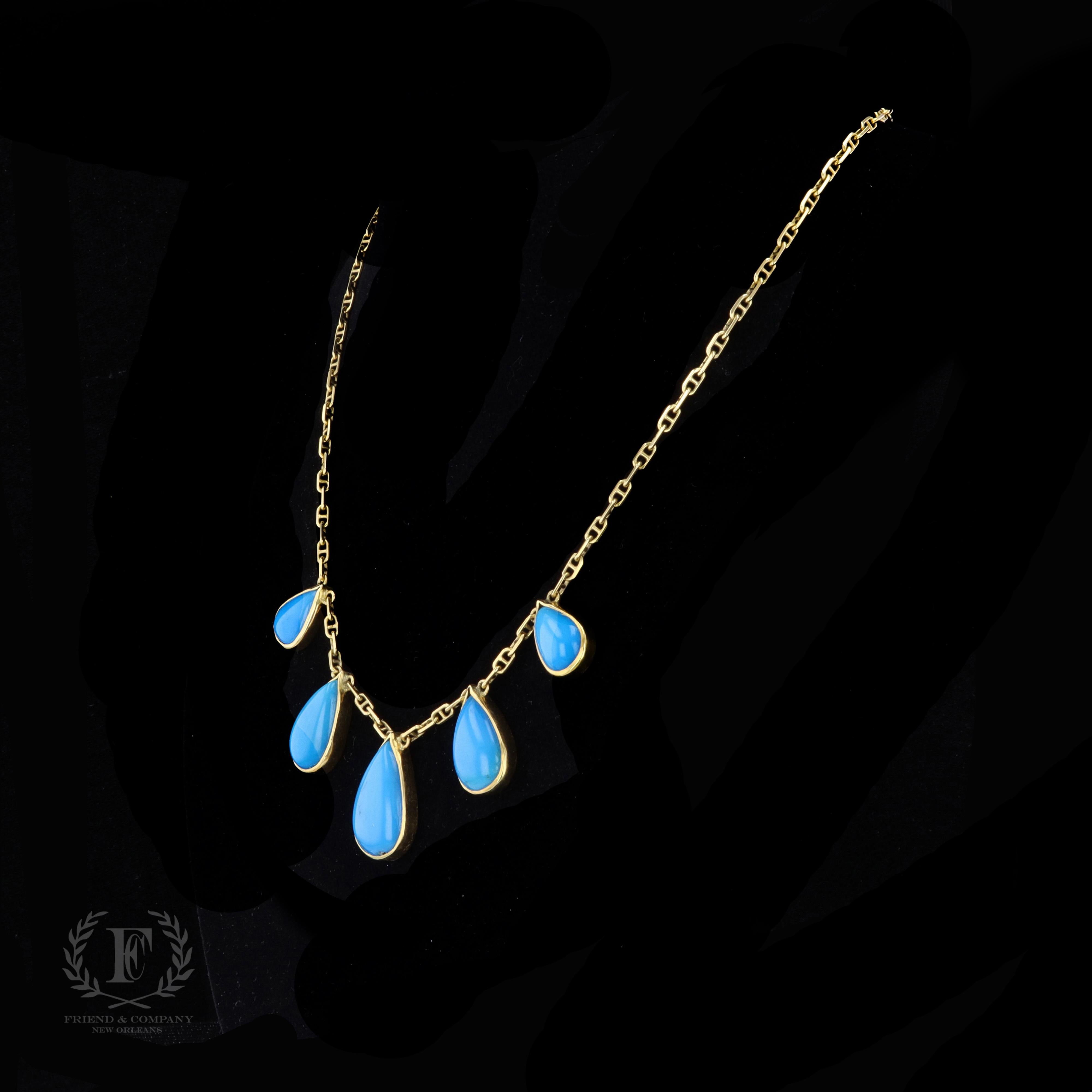 Retro Vibrant Pear Cabochon Turquoise and 18k Yellow Gold Necklace For Sale