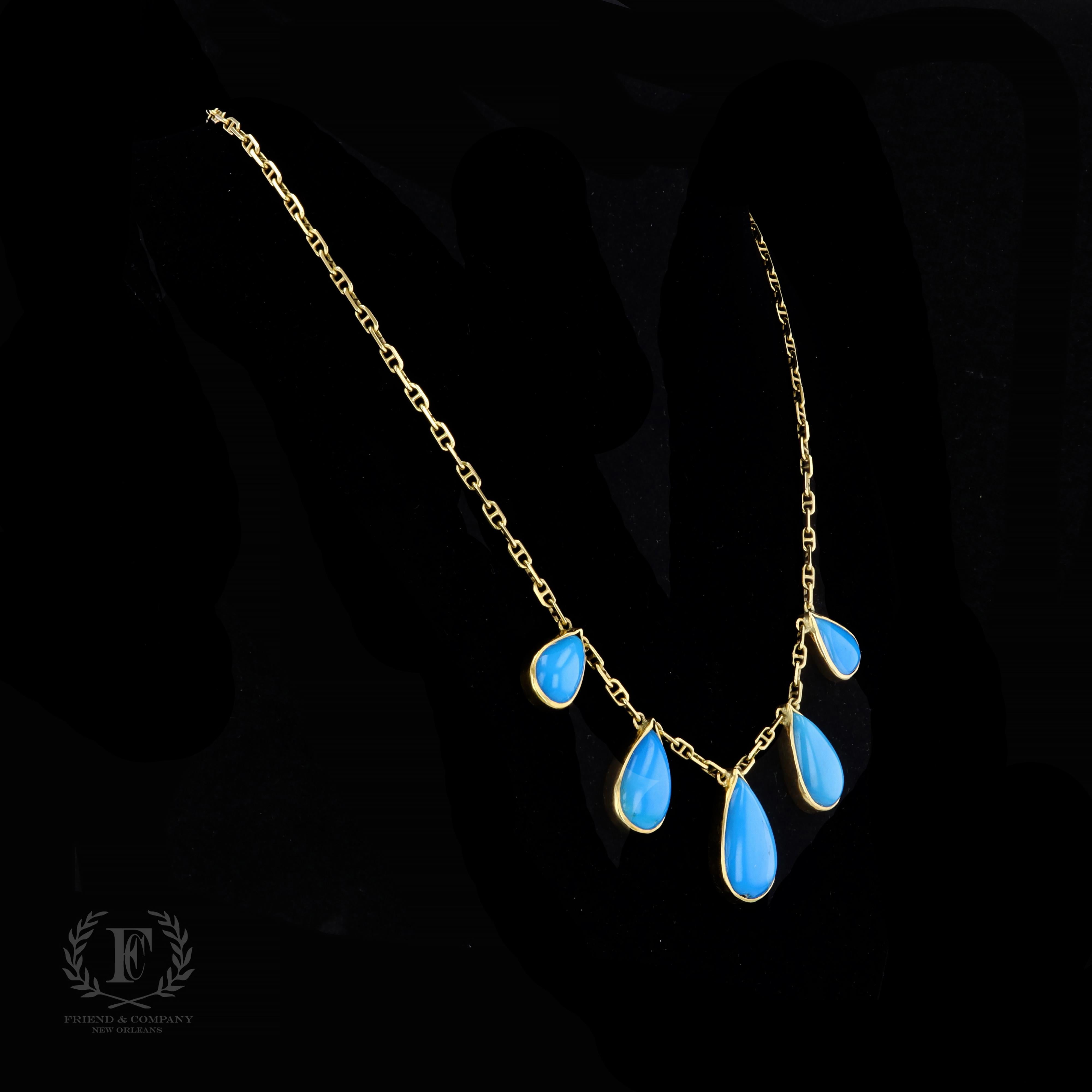 Vibrant Pear Cabochon Turquoise and 18k Yellow Gold Necklace In Excellent Condition For Sale In NEW ORLEANS, LA