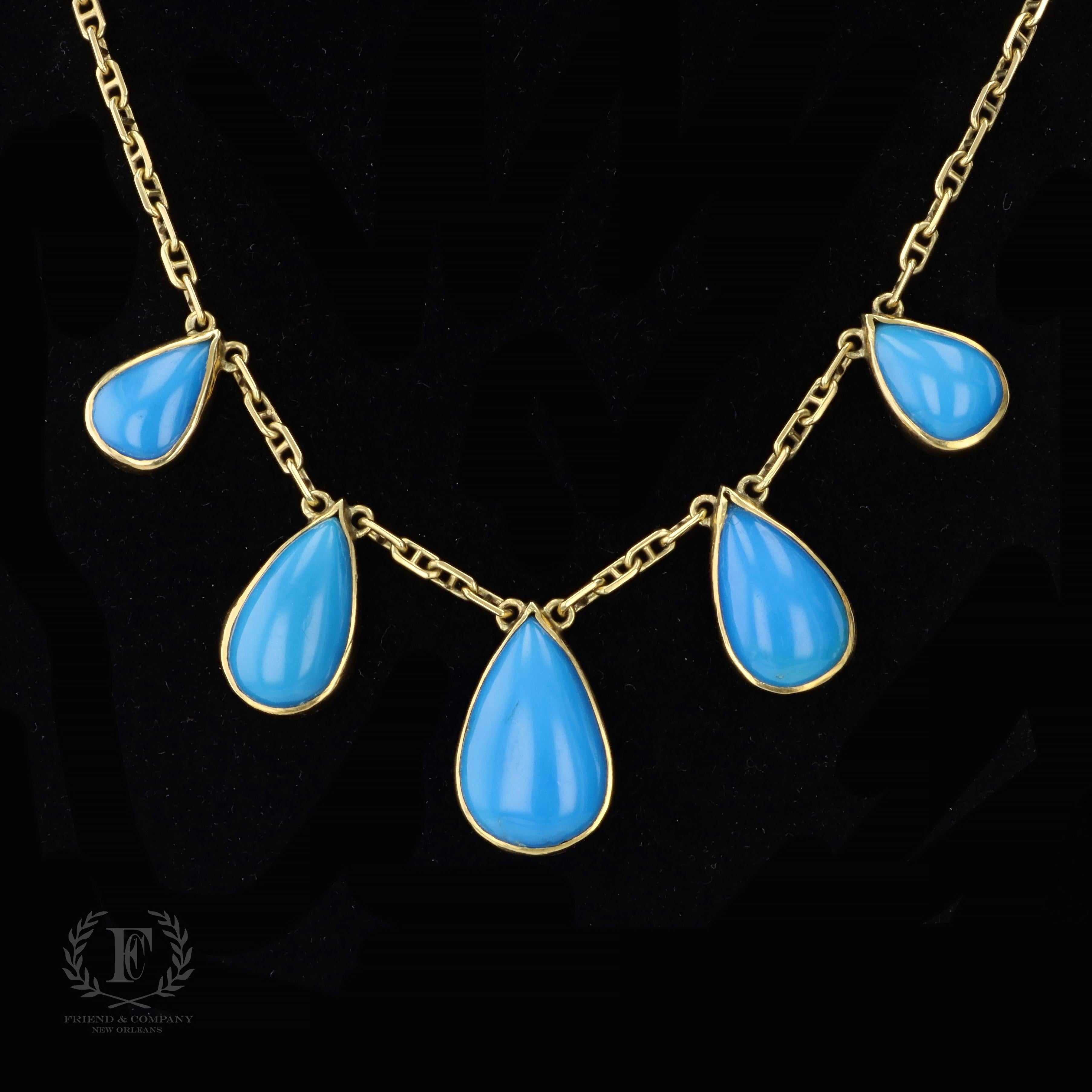 Women's Vibrant Pear Cabochon Turquoise and 18k Yellow Gold Necklace For Sale