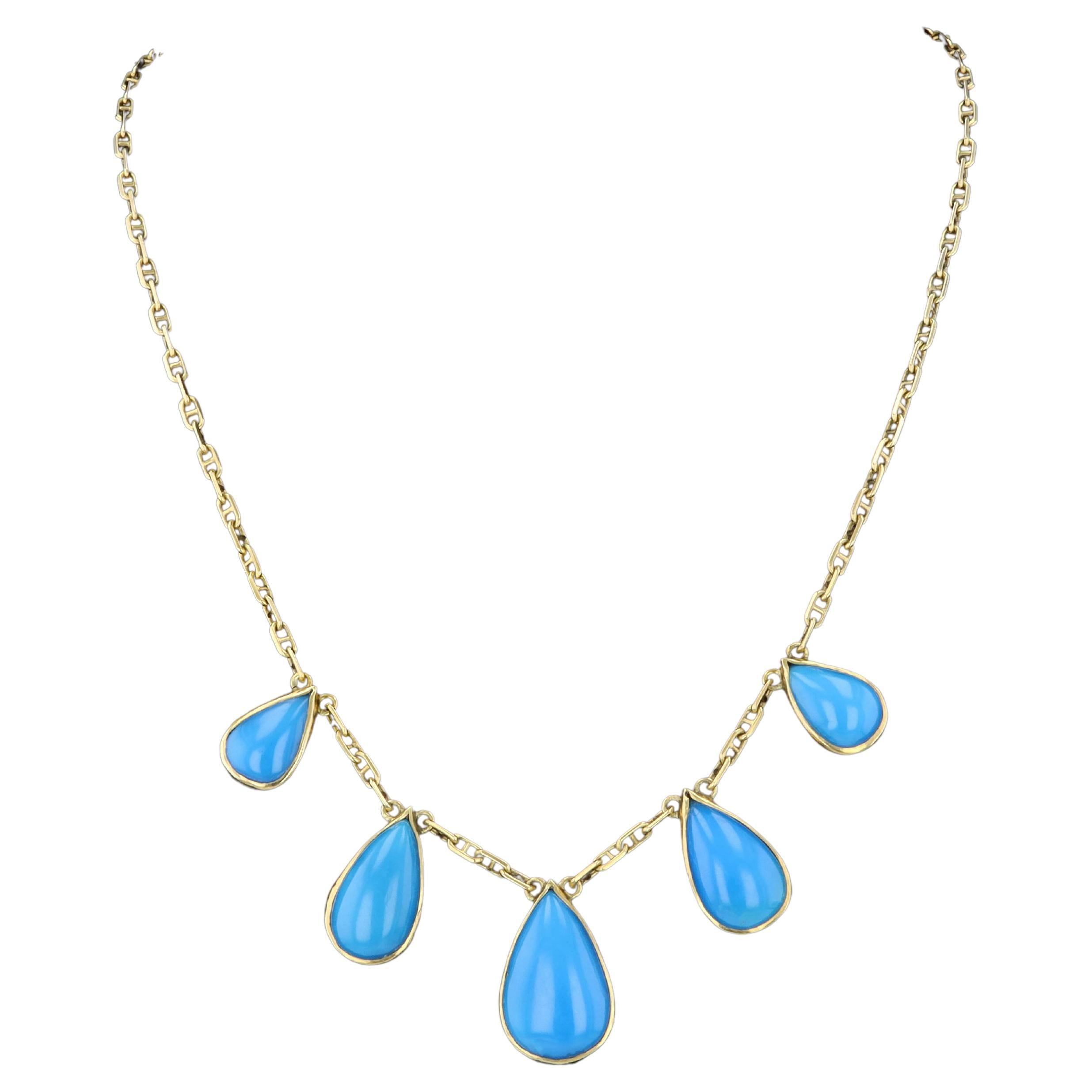 Vibrant Pear Cabochon Turquoise and 18k Yellow Gold Necklace For Sale