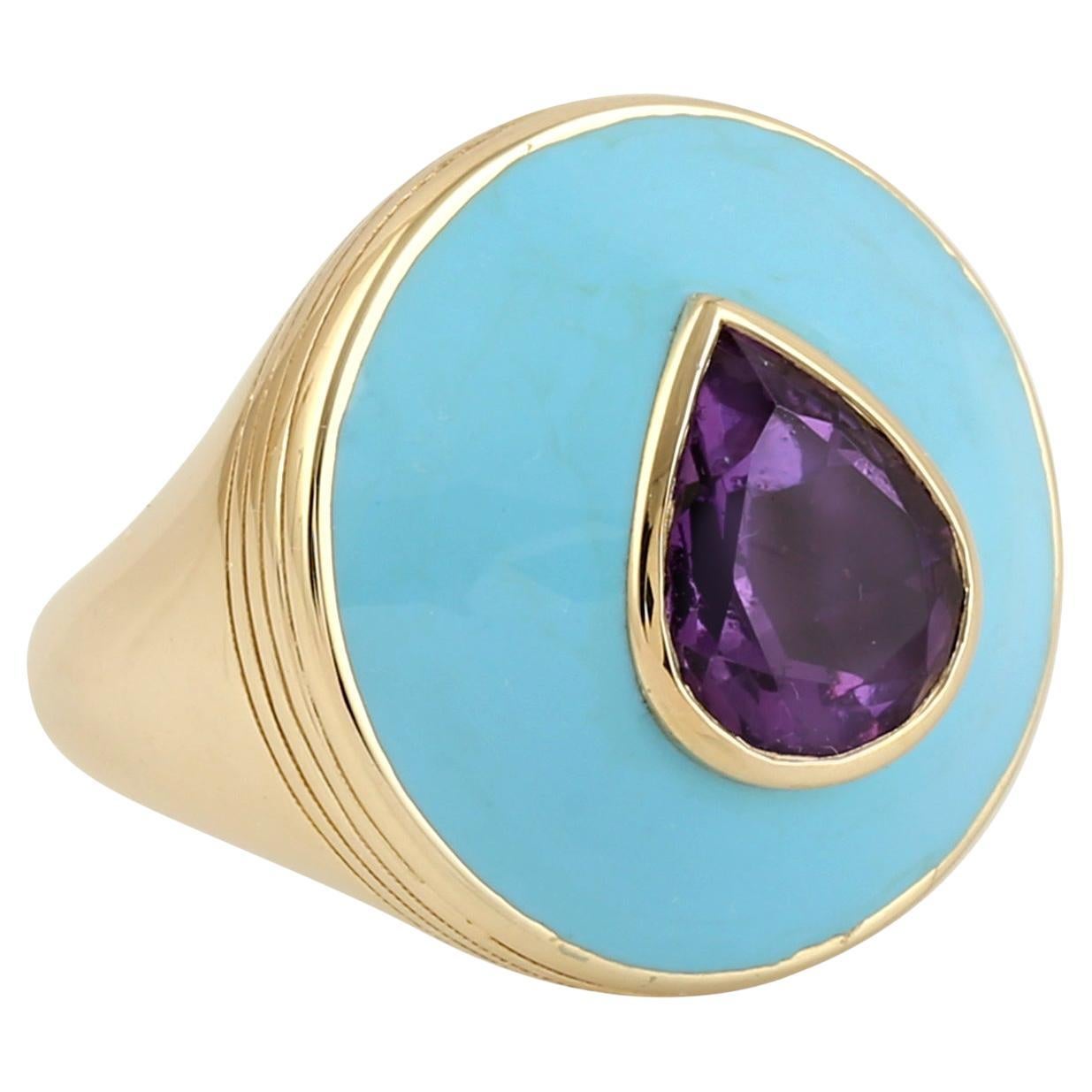 Vibrant Pear-Cut Amethyst Ring in 14kt Gold with Turquoise Enamel Inlay For Sale