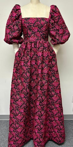 Full Sleeve Vibrant Pink, Black, Gold Fit and Flare Brocade Gown with Pockets