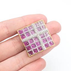 Vibrant Pink Sapphire & Diamond Square Pendant in 18k Yellow Gold