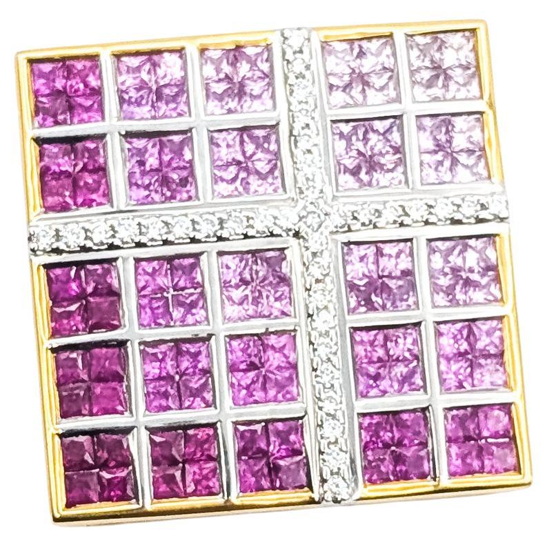 Vibrant Pink Sapphire & Diamond Square Pendant in 18k Yellow Gold