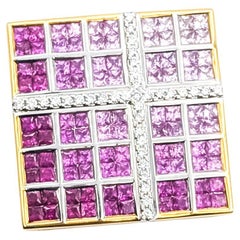Vibrant Pink Sapphire & Diamond Square Pendant in 18k Yellow Gold