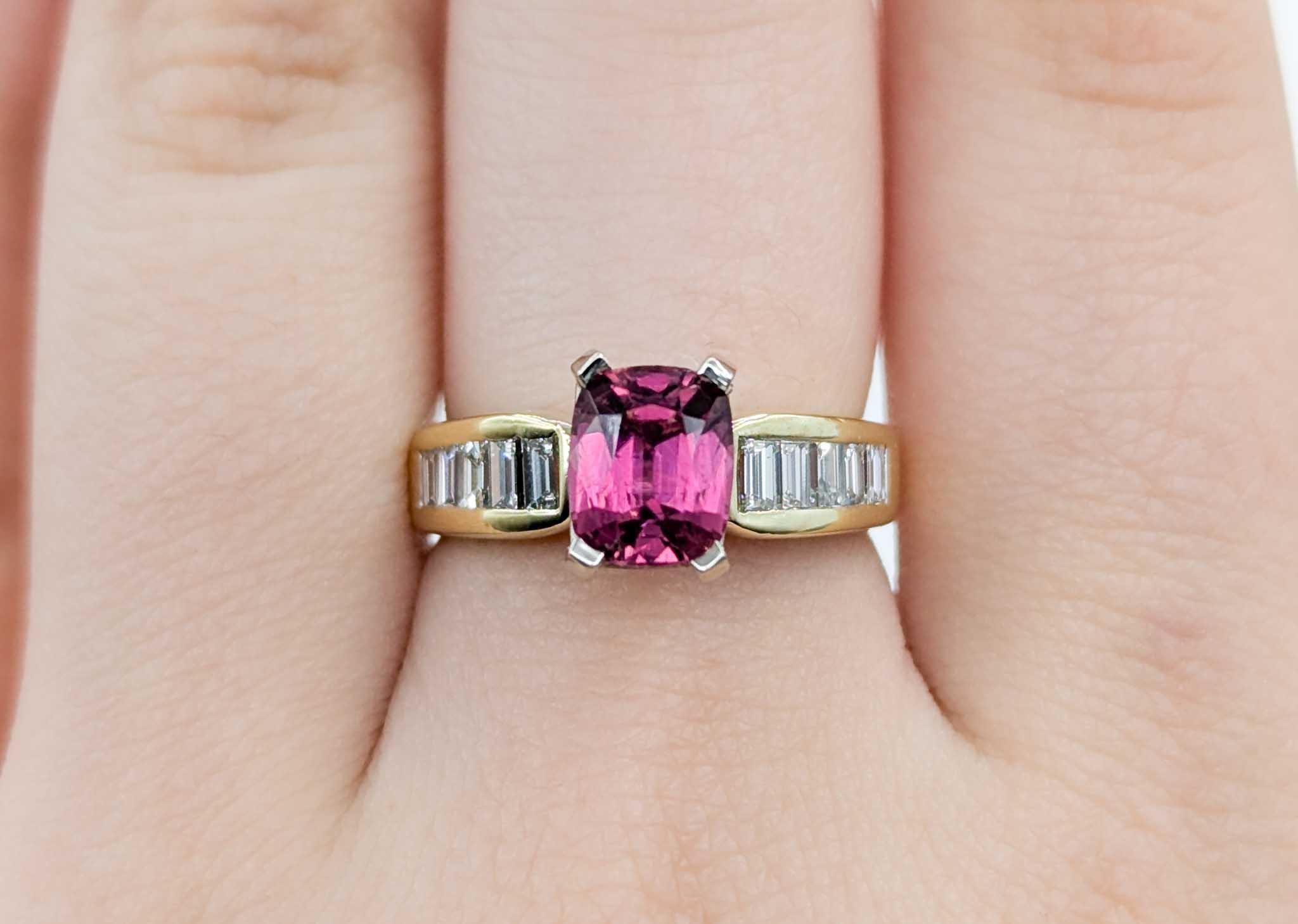 Contemporary Vibrant Pink Tourmaline & Diamond Birthstone Ring in Yellow Gold For Sale