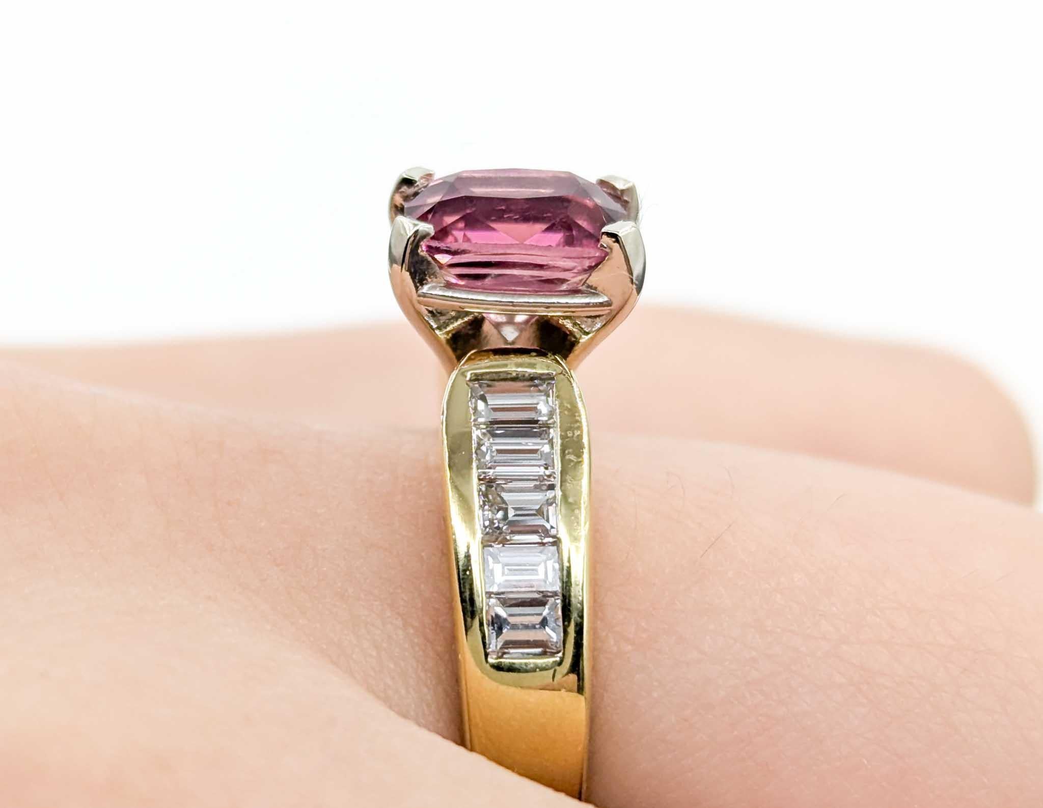 Cushion Cut Vibrant Pink Tourmaline & Diamond Birthstone Ring in Yellow Gold For Sale