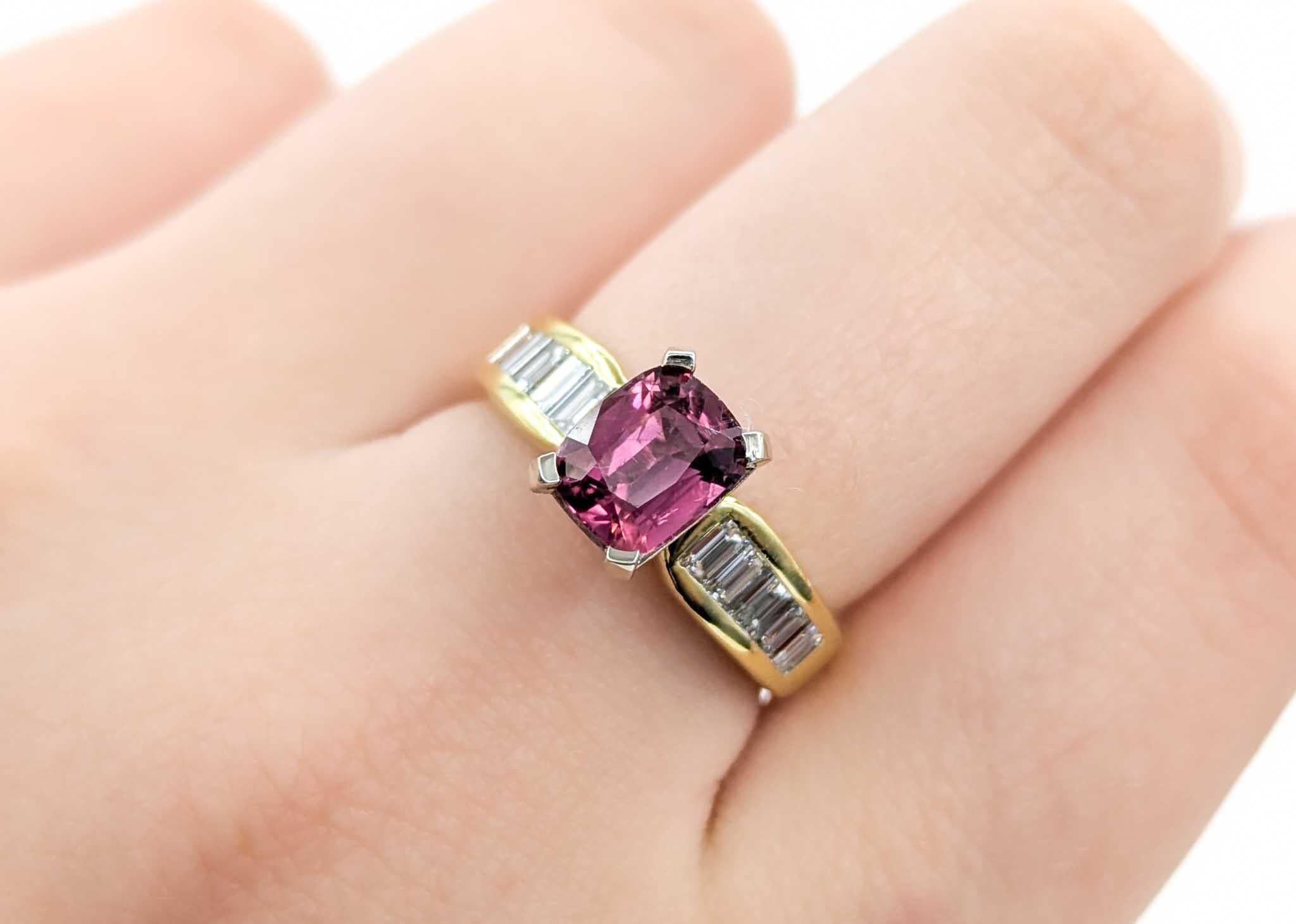 Vibrant Pink Tourmaline & Diamond Birthstone Ring in Yellow Gold In Excellent Condition For Sale In Bloomington, MN