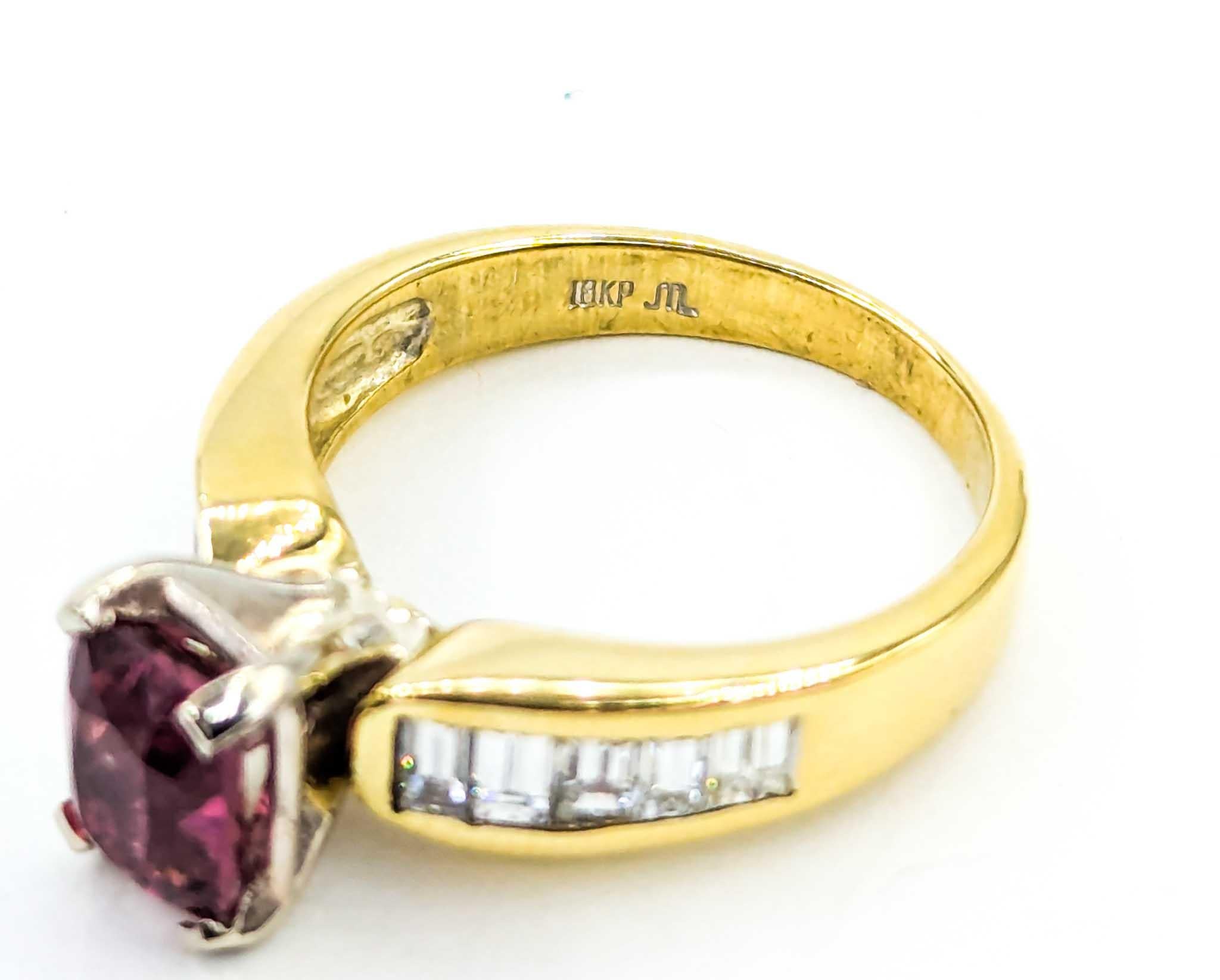 Women's Vibrant Pink Tourmaline & Diamond Birthstone Ring in Yellow Gold For Sale