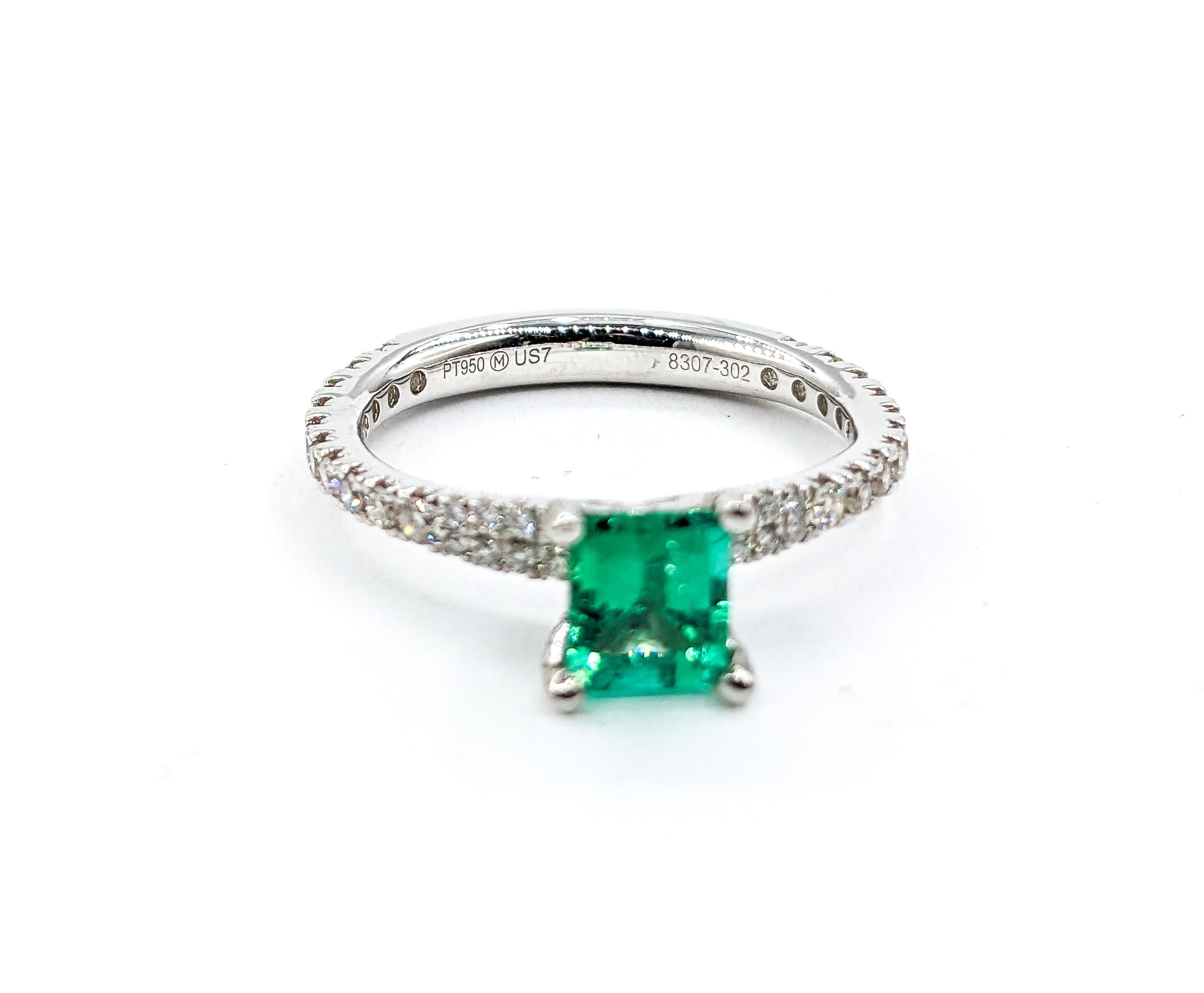 Contemporary Vibrant Platinum Colombian Emerald & Diamond Ring For Sale