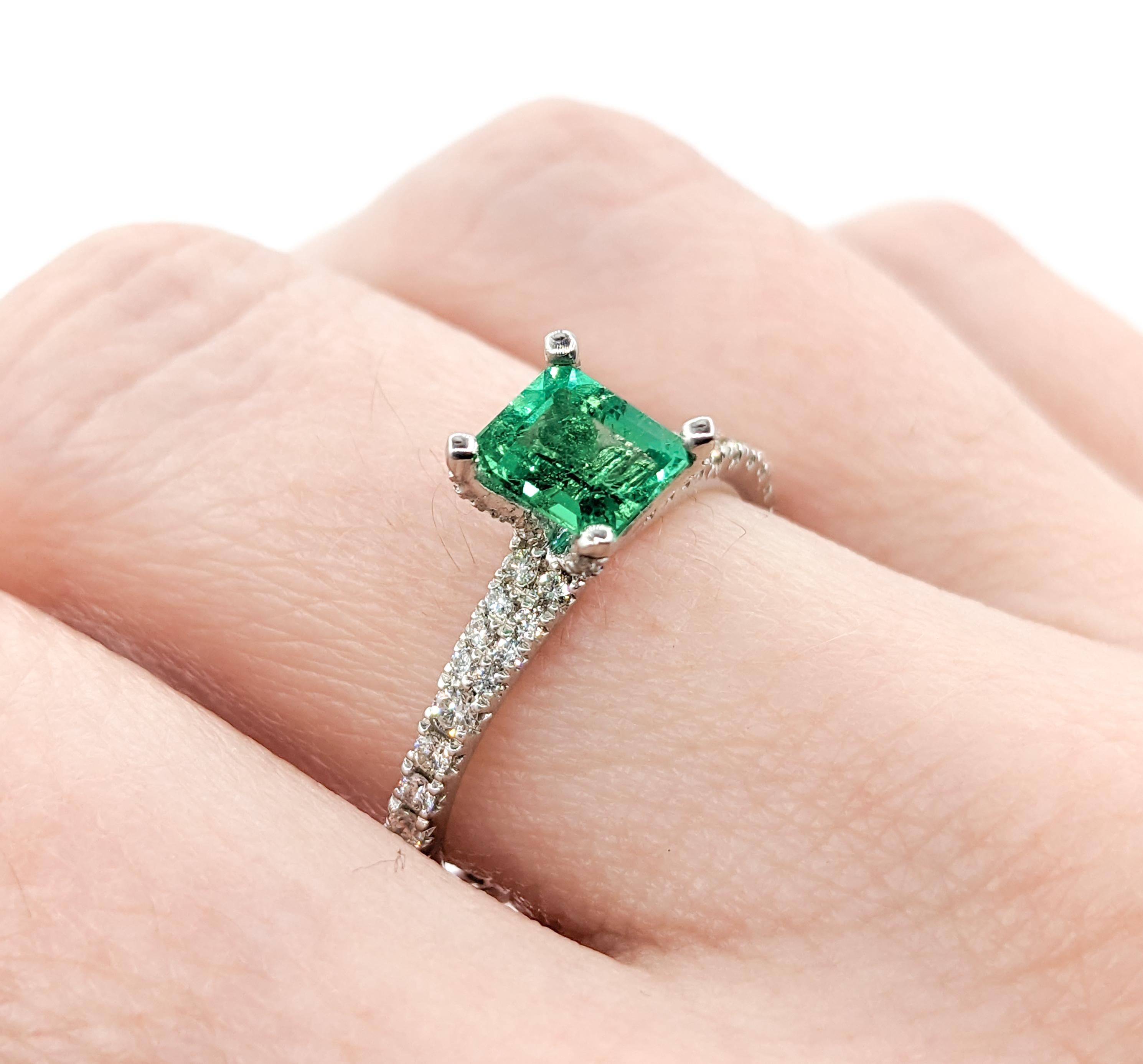 Vibrant Platinum Colombian Emerald & Diamond Ring For Sale 1