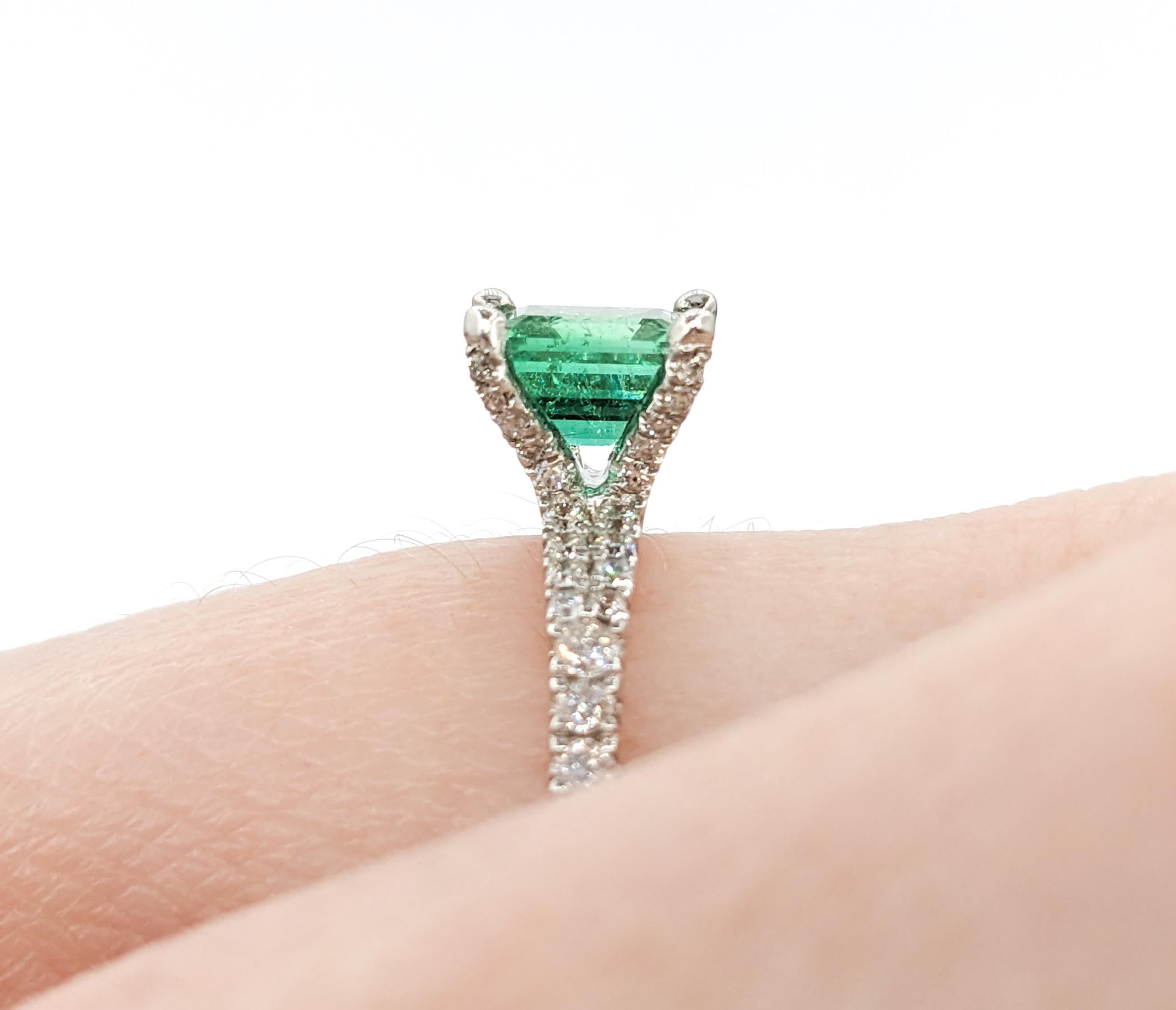 Vibrant Platinum Colombian Emerald & Diamond Ring For Sale 2