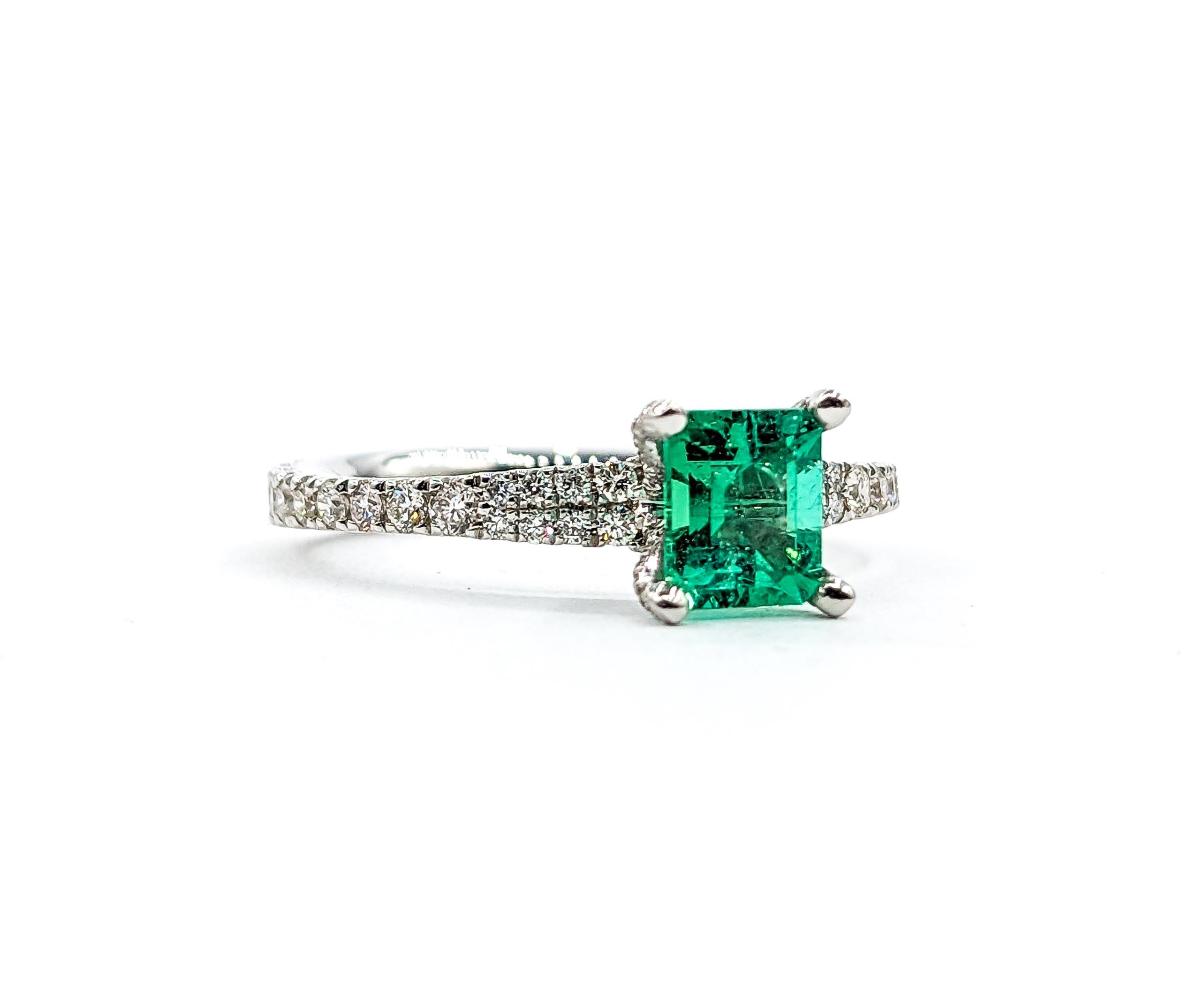 Vibrant Platinum Colombian Emerald & Diamond Ring For Sale 3