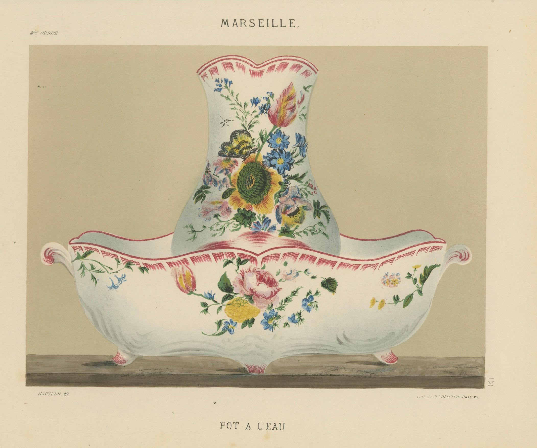 Vibrant Print: Marseille Pot à l'Eau: Tribute to Glazed Pottery Tradition, 1874 For Sale 1