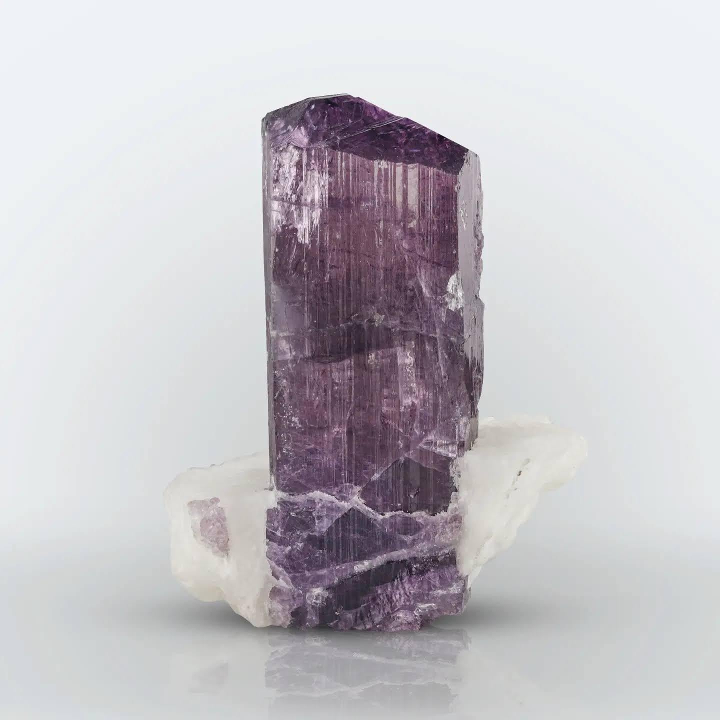 Dim: H: 8.7 x W: 7.2 x D: 6.2 cm 

Wt: 282 g

Specimen Type: Scapolite crystal on Calcite 

Treatment: Irradiated 

Color: Purple 





Purple Scapolite crystals on a backdrop of translucent Calcite create a stunning and captivating mineral