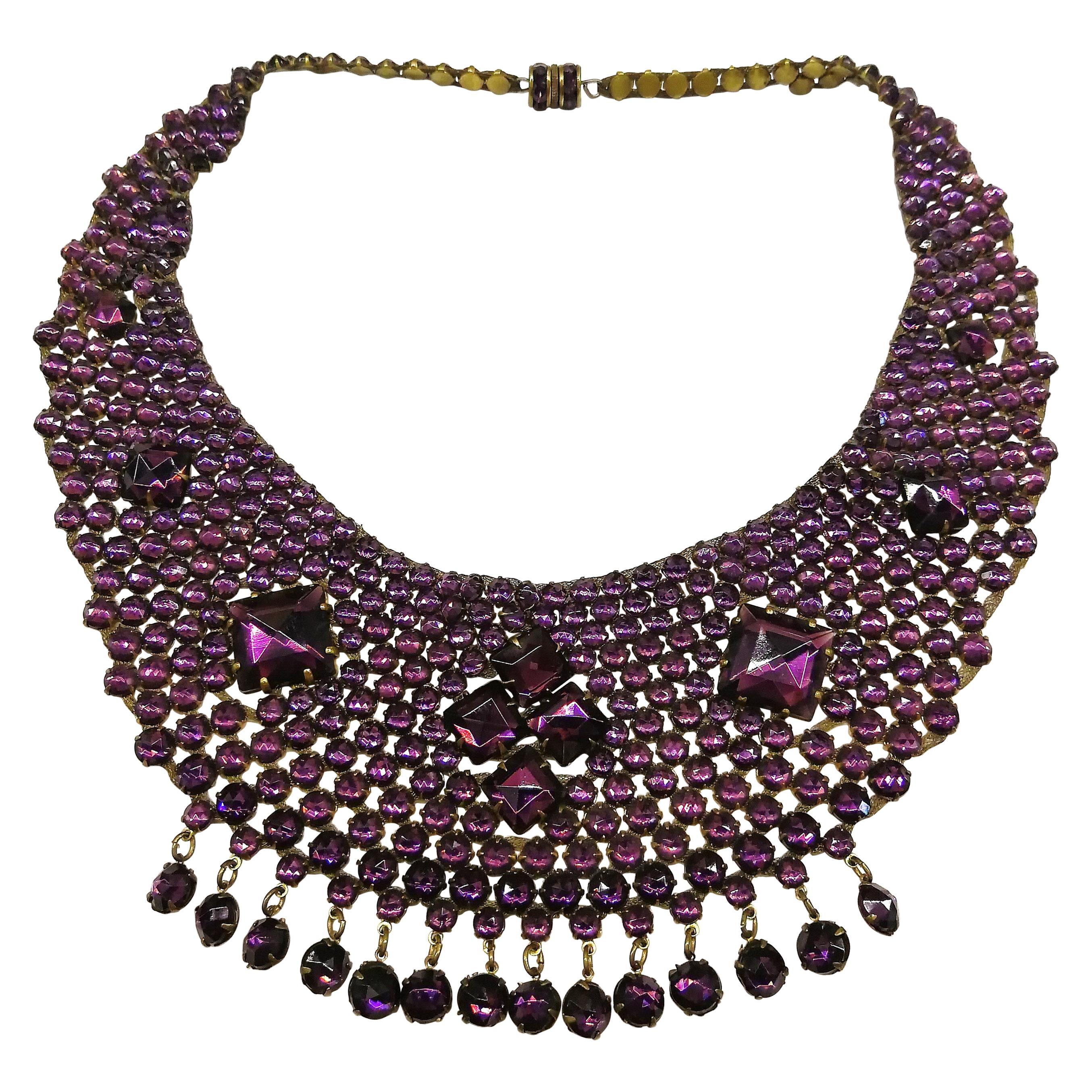 Vibrant purple cut glass 'bib' necklace, att. Lanvin, France, 1920s For Sale