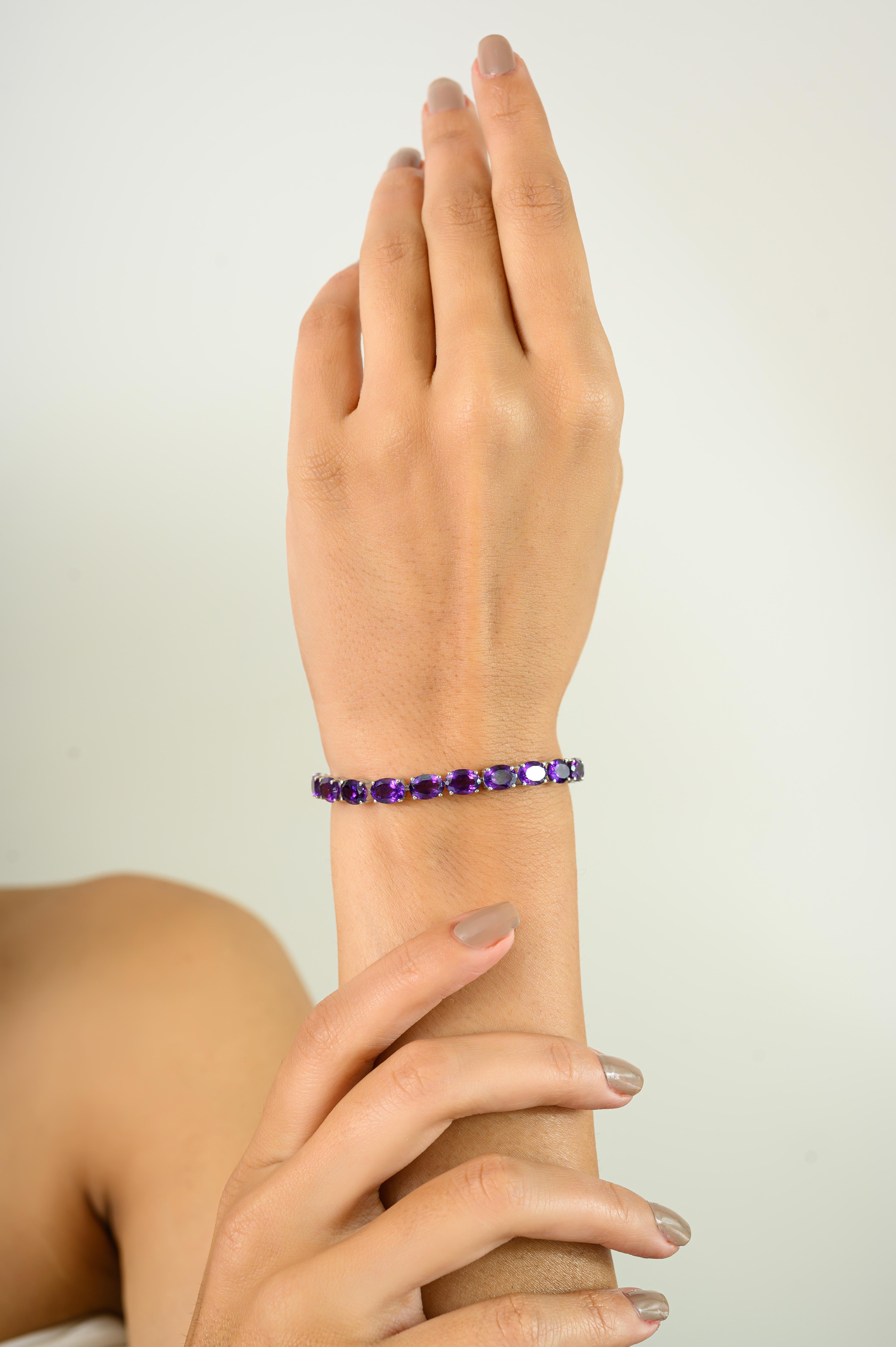 Vibrant Purple Oval Amethyst Tennis-Armband in 925 Silber Schmuck für Frauen (Ovalschliff) im Angebot