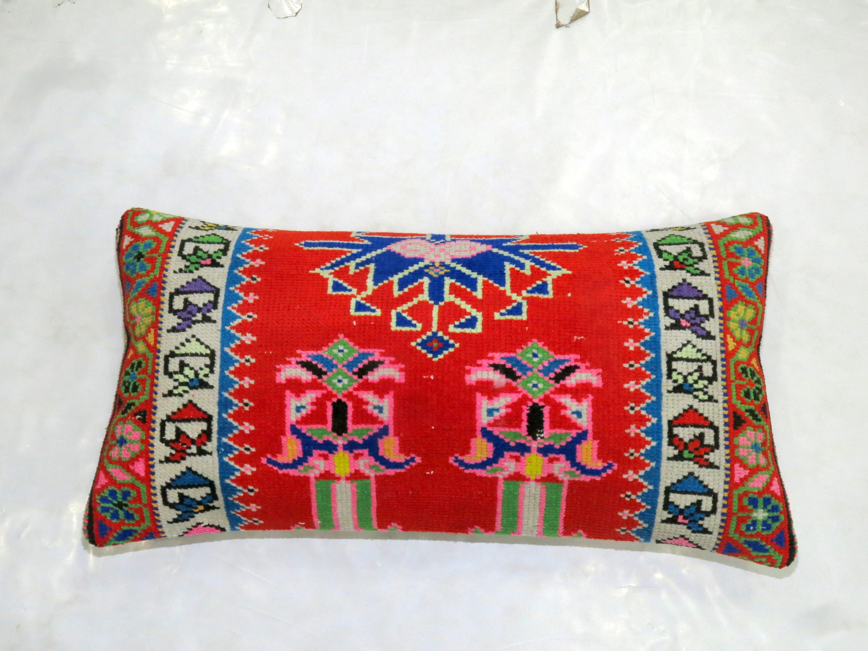 Bohemian Vibrant Red and Blue Large Vintage Turkish Bolster Size Rug Pillow For Sale