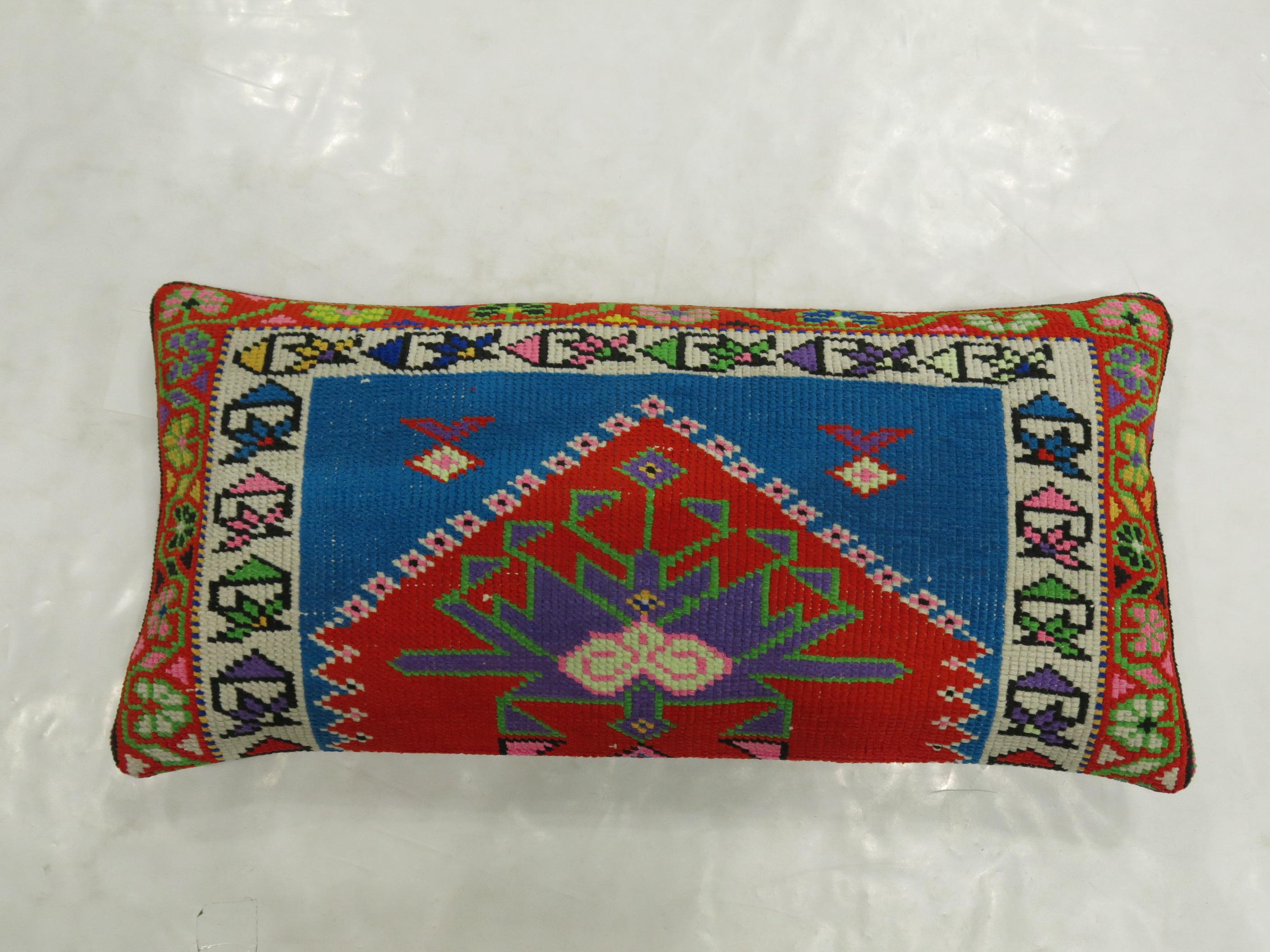 Vibrant Red and Blue Large Vintage Turkish Rug Pillow In Excellent Condition For Sale In New York, NY