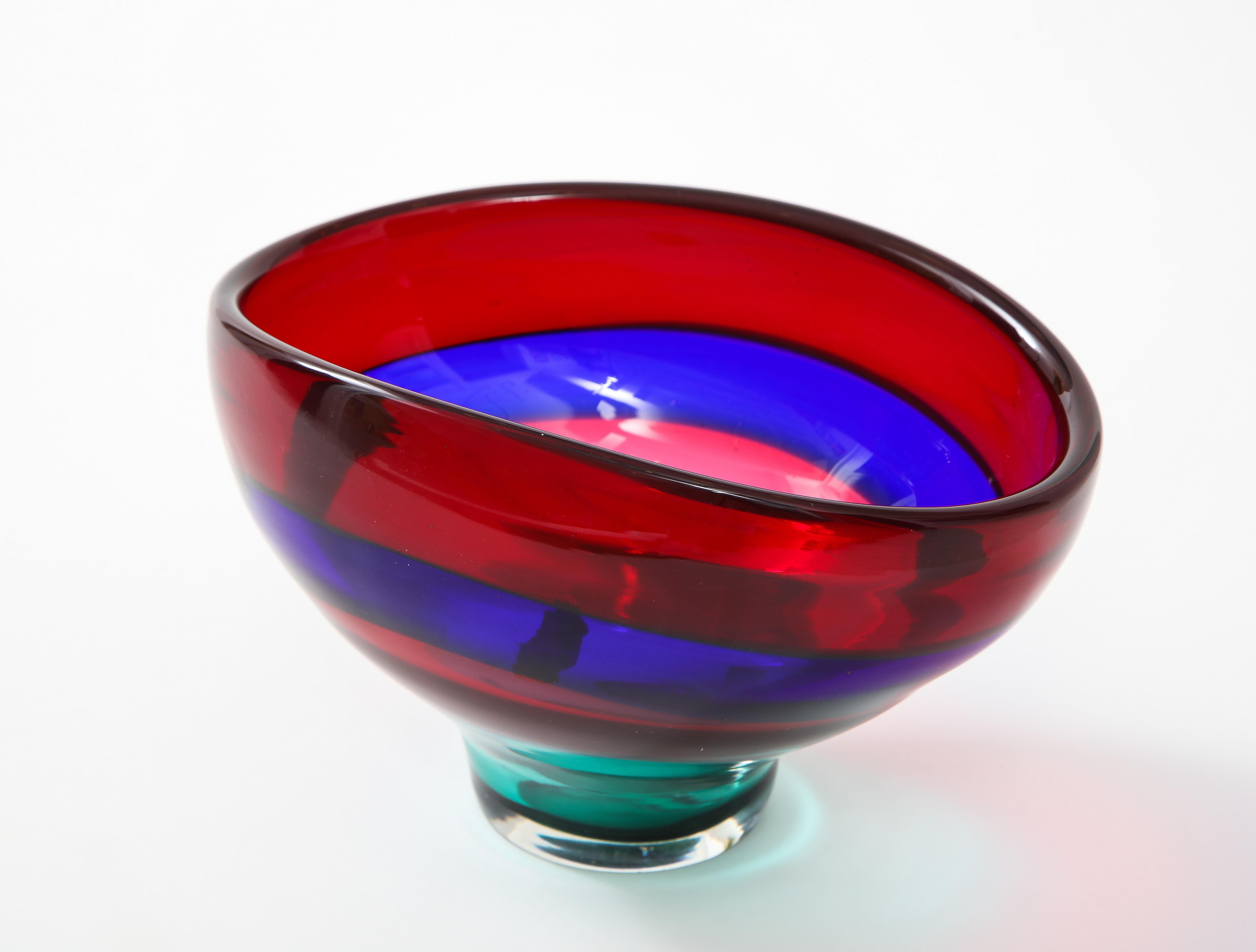 Vibrant Red Blue and Green Murano Glass Bowl by Fluvio Bianconi 2
