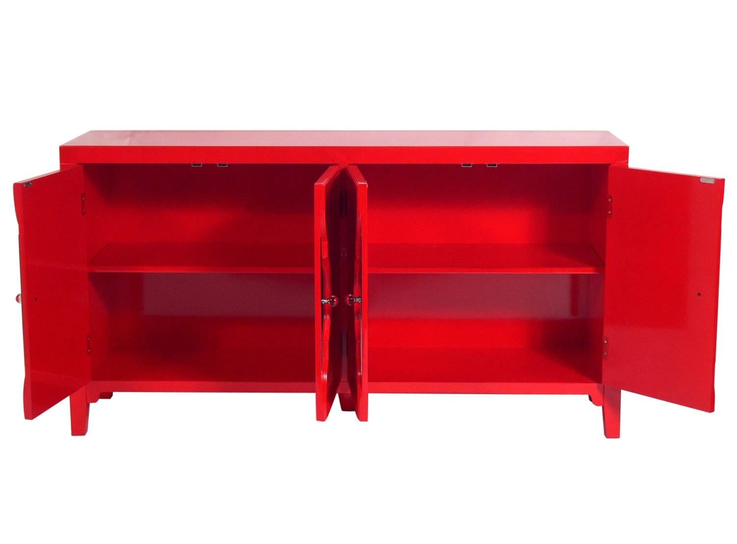 Hollywood Regency Vibrant Red Lacquer Credenza
