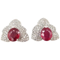 Vibrant Red Ruby Pavé Diamond Orchid Clip Pin 18K White Gold Earrings