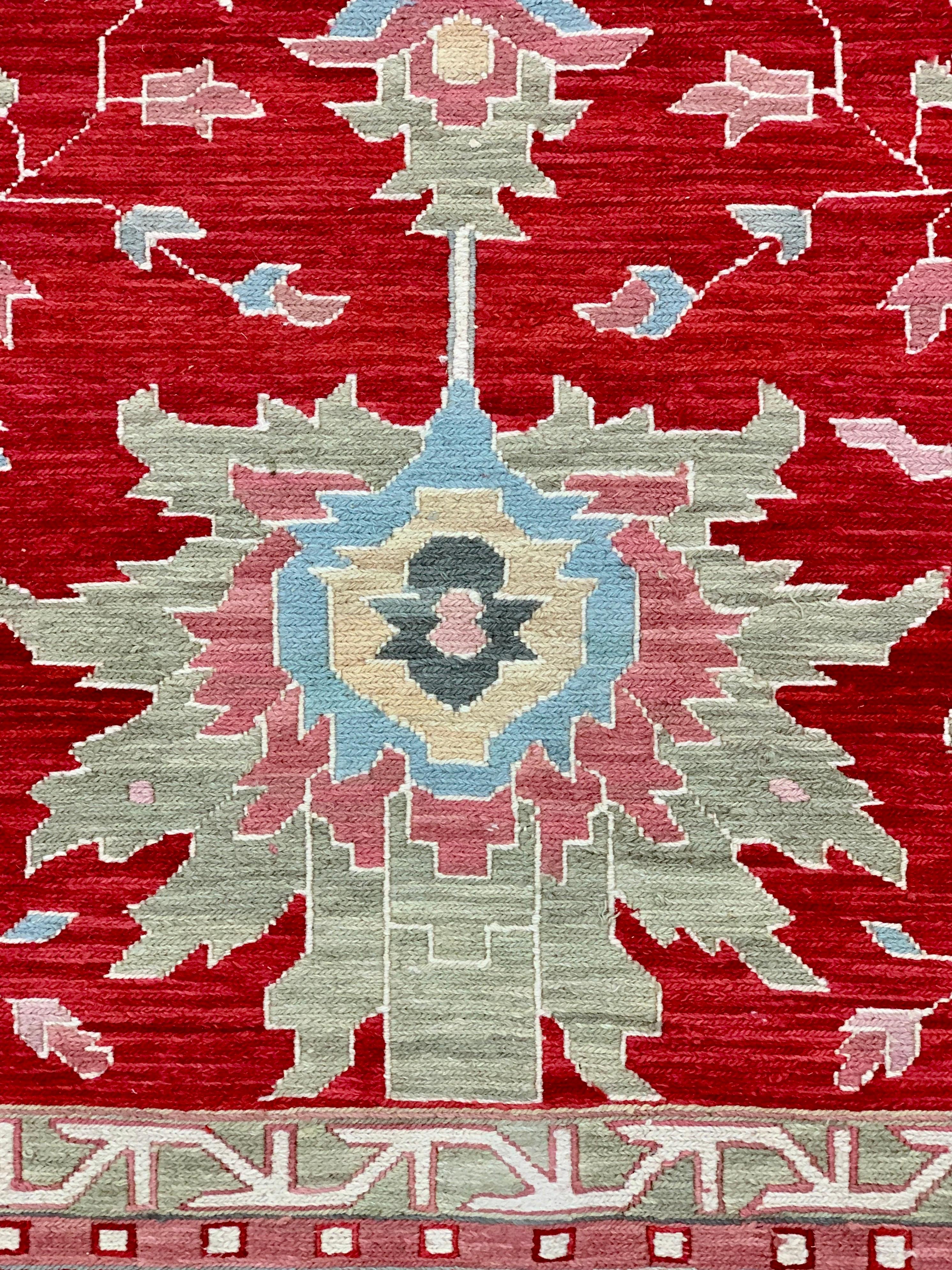 Vibrant Red Wool Flat-Weave Area Rug For Sale 3