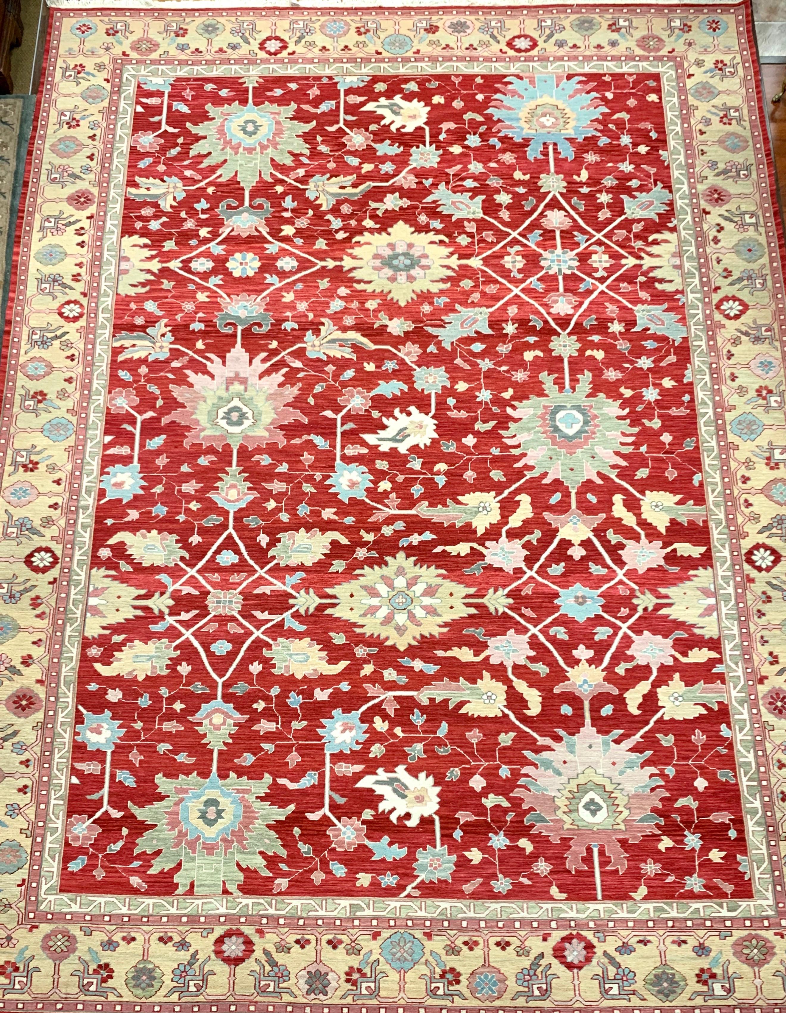 As elegant this rug is, it is the color scheme that steals the show. At 171 by 121 inches, it has great scale for that larger dining or living room you are trying to showcase. The color red is to die for; enjoy the photos.
All handmade of course.