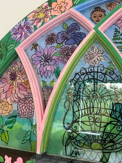 Vibrant Reverse Painting on Glass Vintage Window