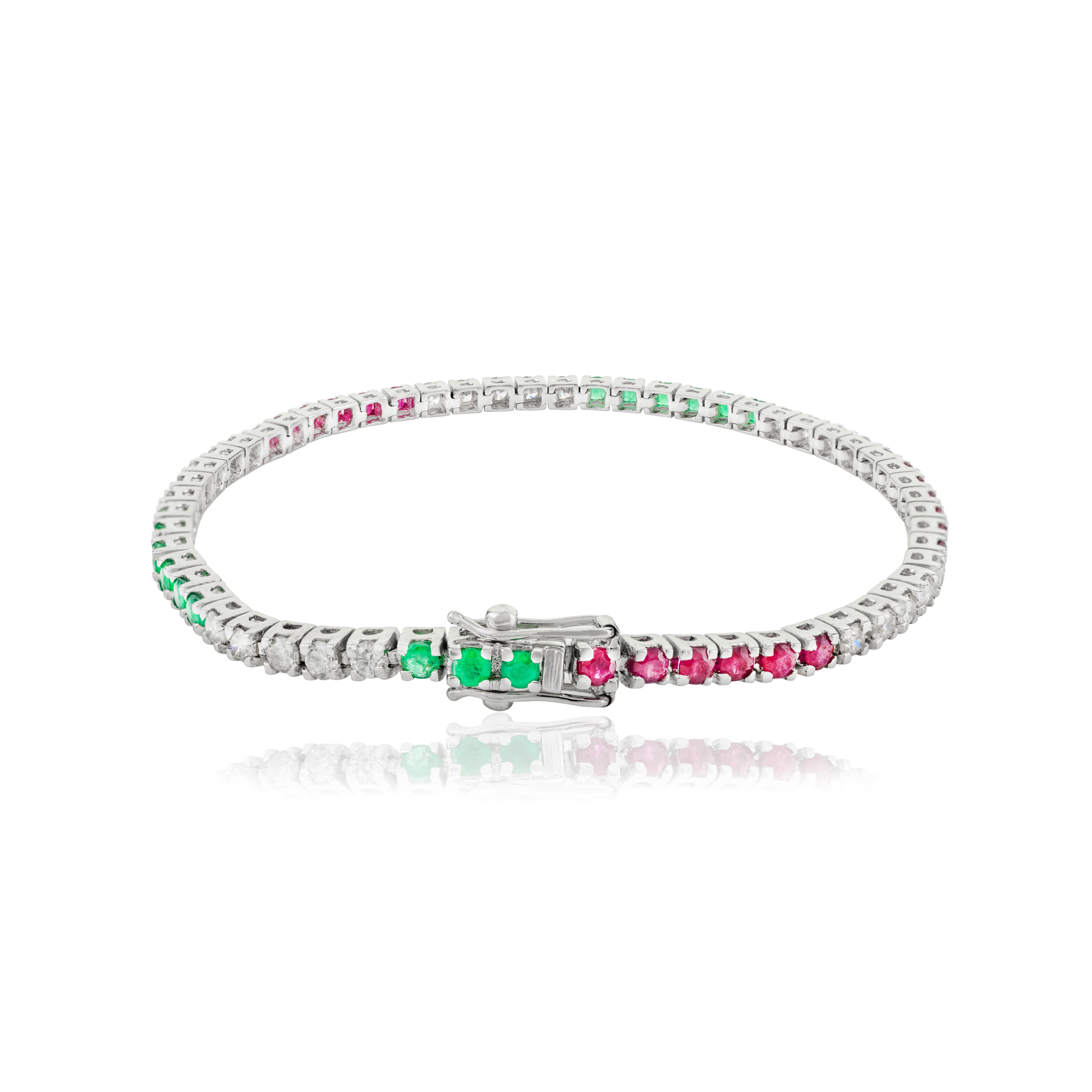 Art Deco Vibrant Rubies Emeralds Diamonds 18k White Gold Sleek Tennis Bracelet for Gift For Sale