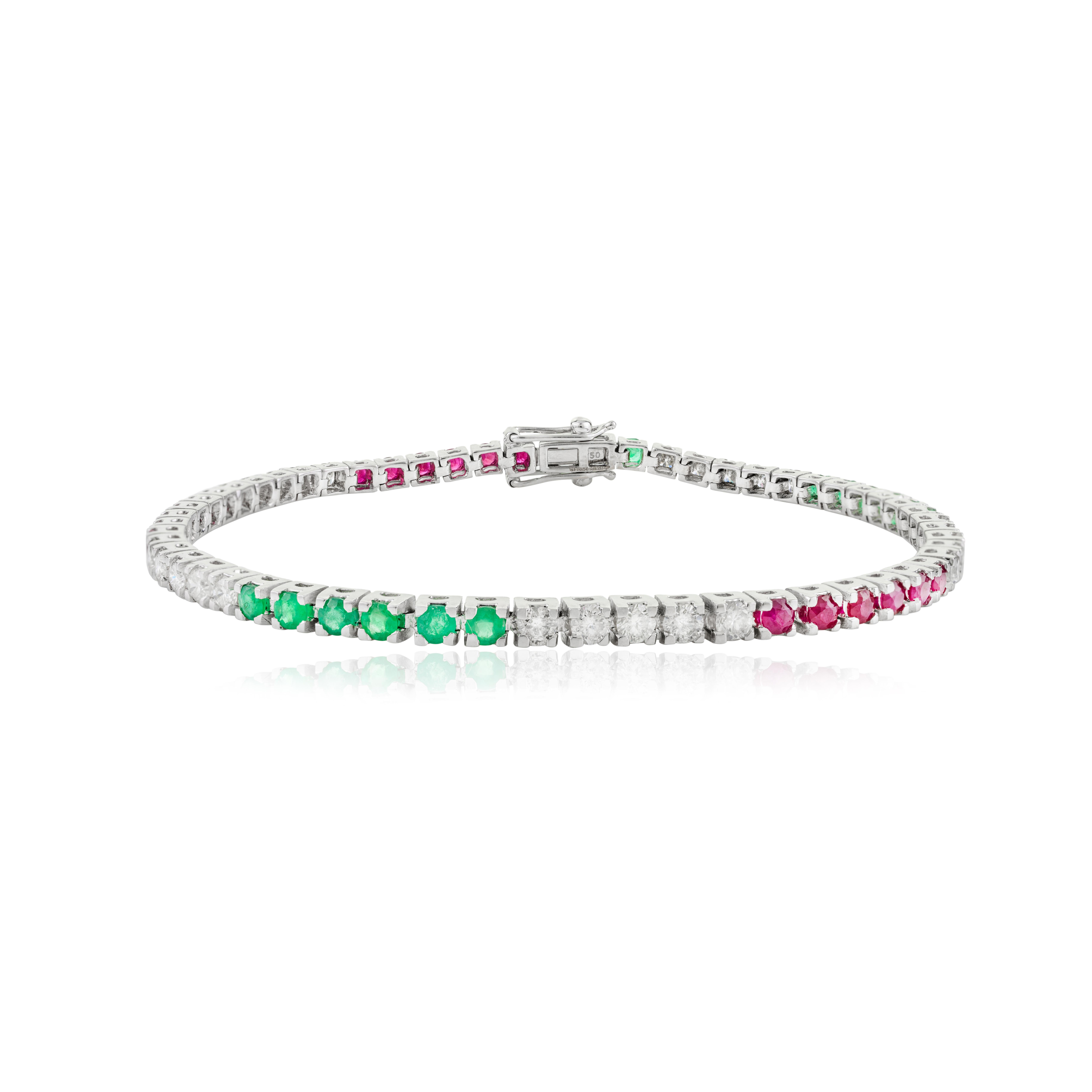 Vibrant Rubies Emeralds Diamonds 18k White Gold Sleek Tennis Bracelet for Gift In New Condition For Sale In New York, NY