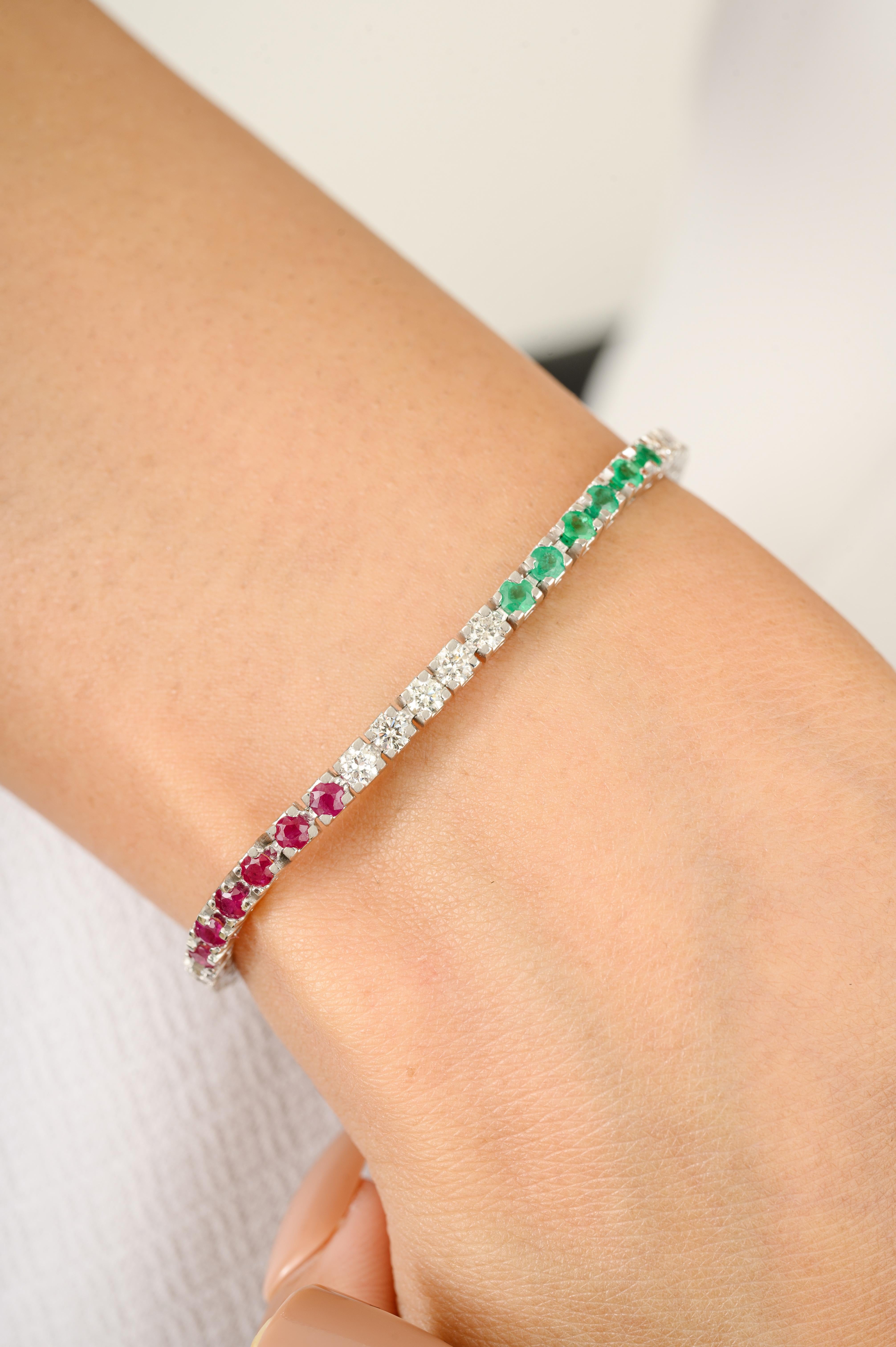 Women's Vibrant Rubies Emeralds Diamonds 18k White Gold Sleek Tennis Bracelet for Gift For Sale