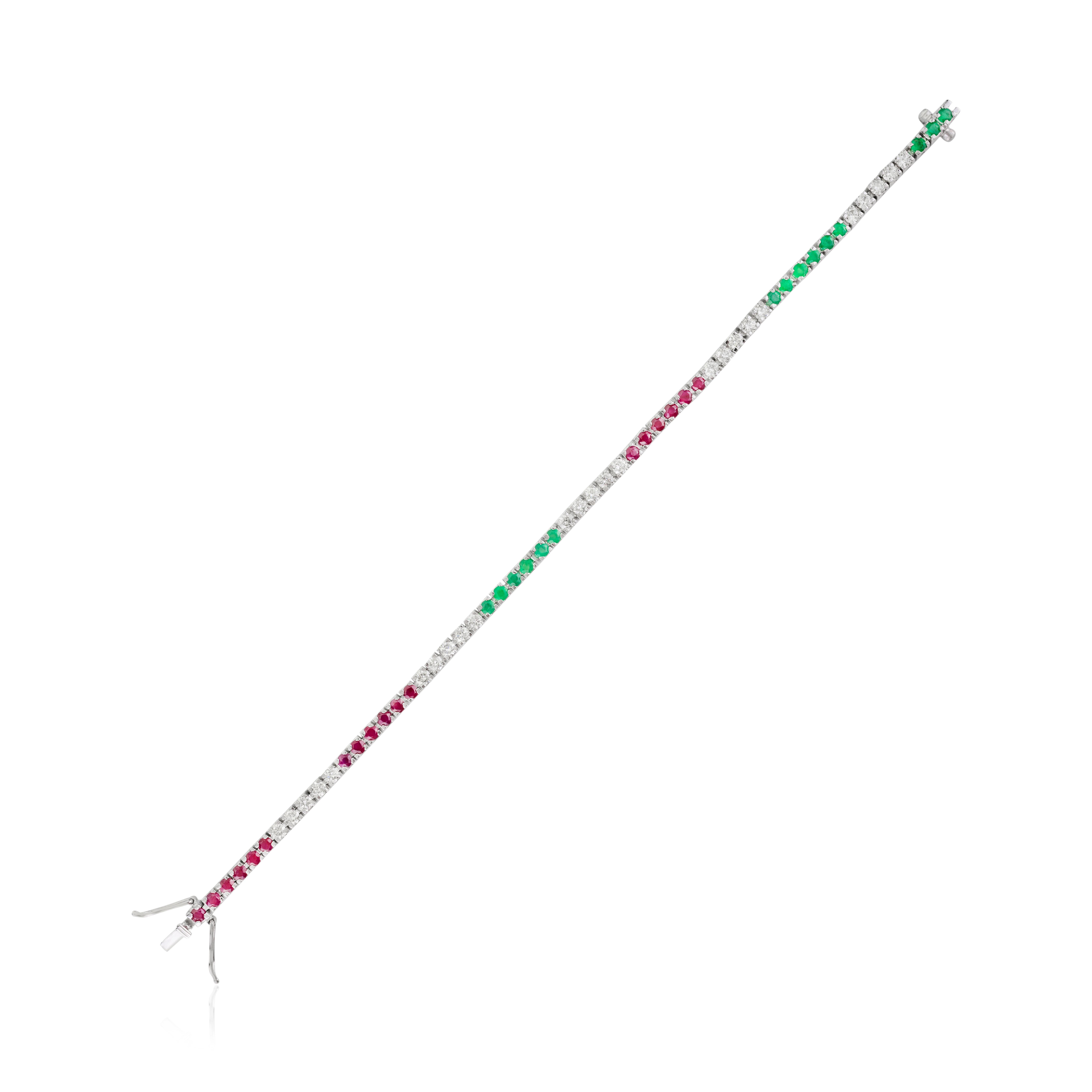 Vibrant Rubies Emeralds Diamonds 18k White Gold Sleek Tennis Bracelet for Gift For Sale 1
