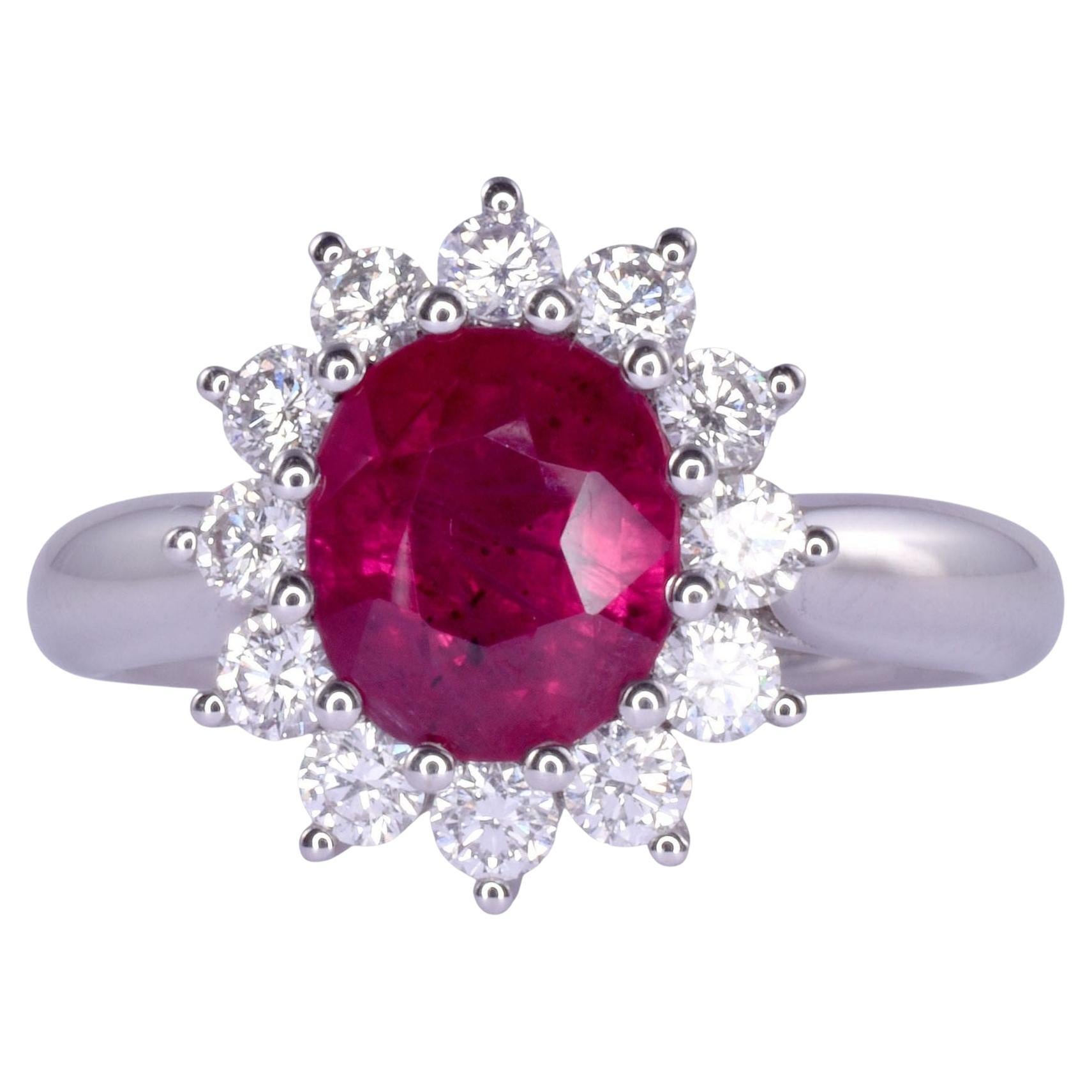 Vibrant Ruby & Diamond 18KW Ring For Sale