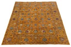 Vibrant Saffron Amber Modern Tabriz Style Wool Area Rug - Hand-Knotted Floral