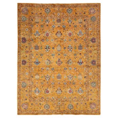 Vibrant Saffron Amber Modern Tabriz Style Wool Area Rug - Hand-Knotted Floral